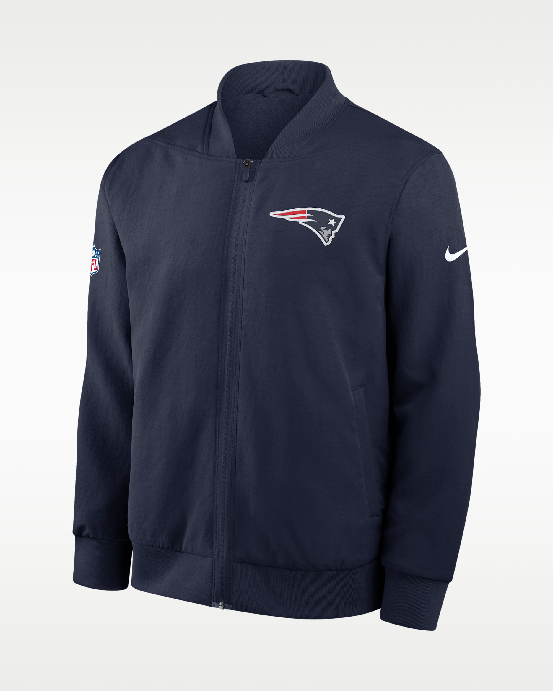Chamarra bomber Nike de la NFL de cierre completo para hombre New England Patriots Sideline - Azul marino
