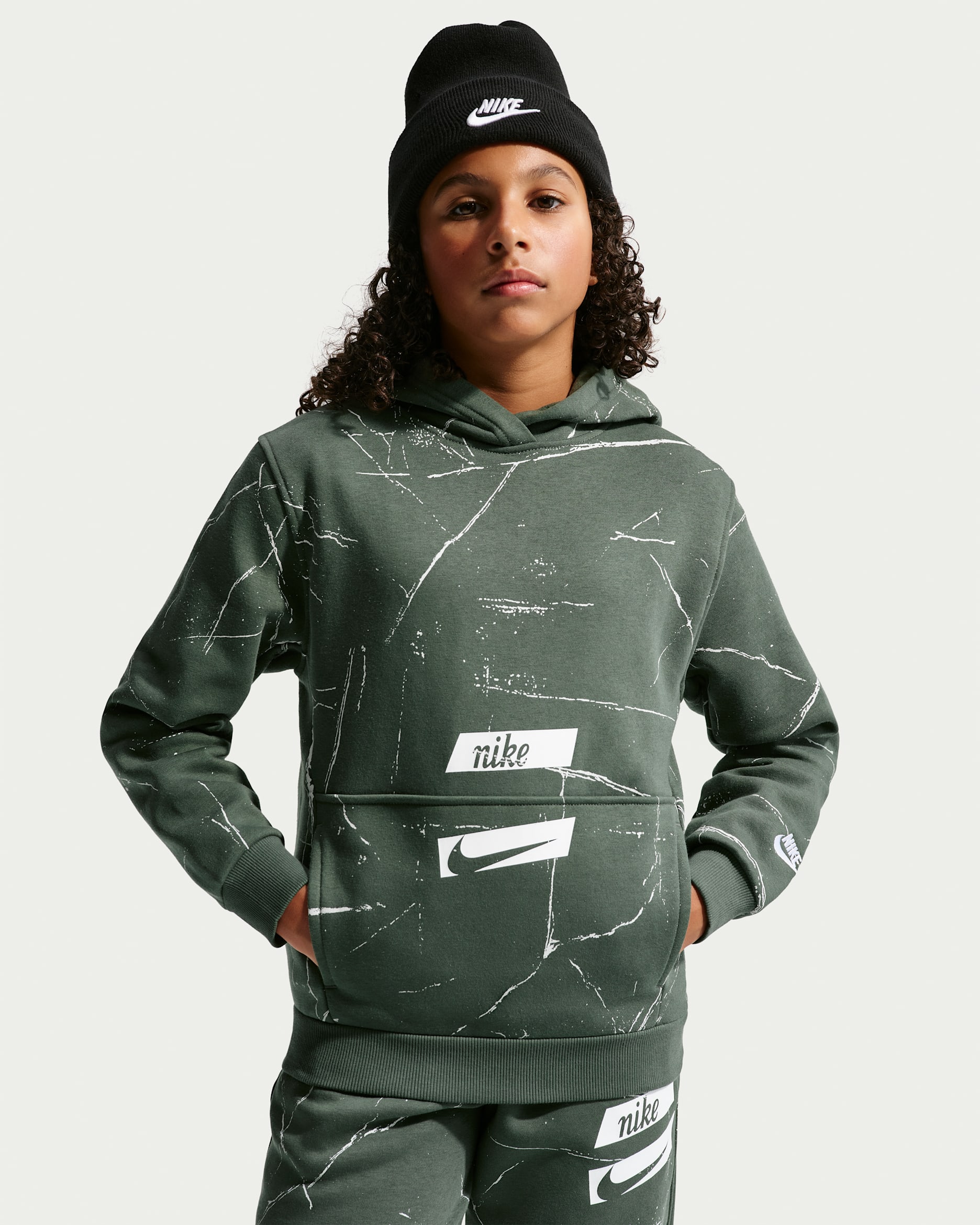 Nike Sportswear Club Big Kids' Pullover Hoodie - Camo Green/White
