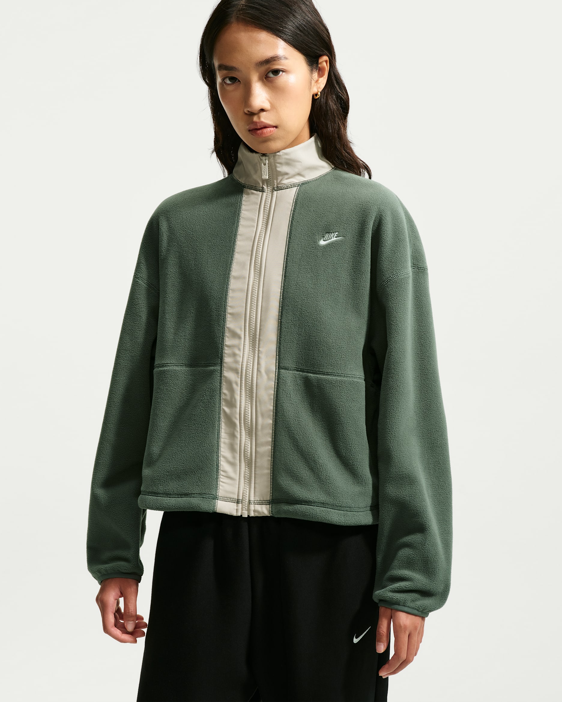 Nike Sportswear Women's Loose Therma-FIT Full-Zip Sweatshirt - Camo Green/Cream II/Sail