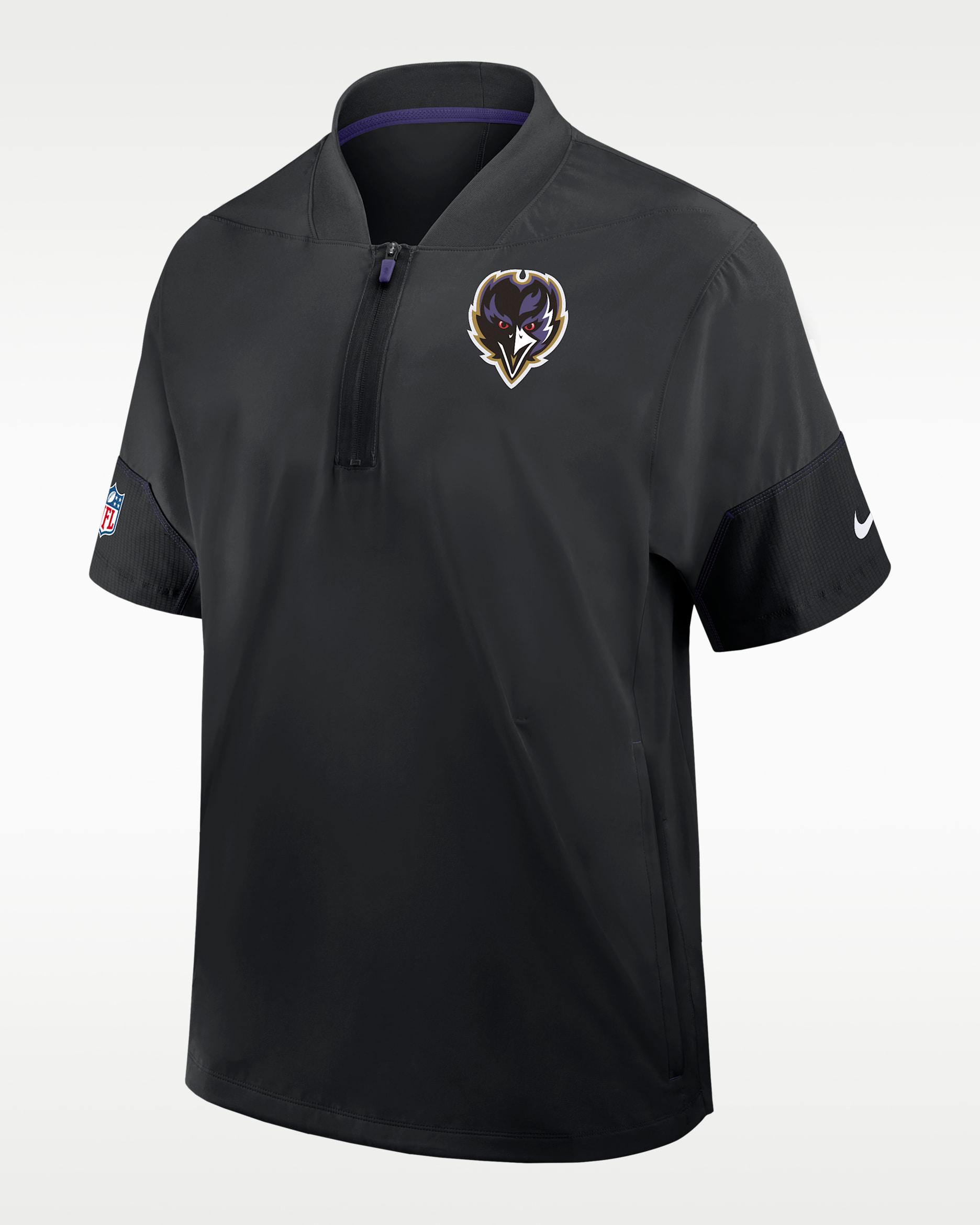 Baltimore Ravens Sideline Coach Men's Nike NFL 1/2-Zip Short-Sleeve Hooded Jacket - Black/New Orchid