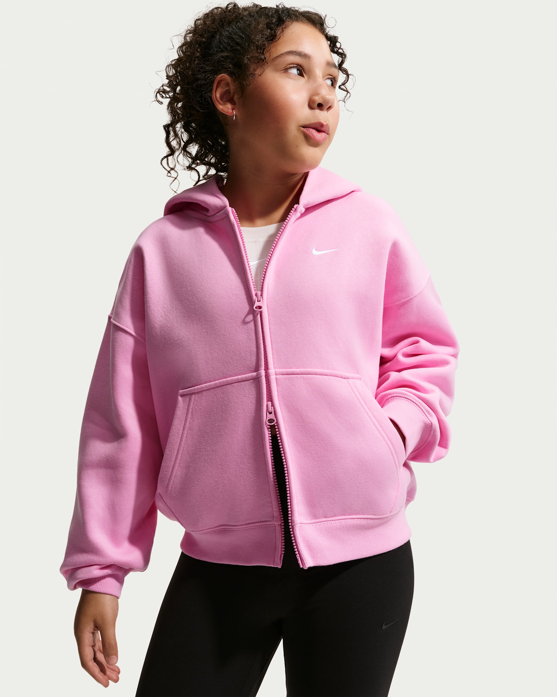 Nike Sportswear Studio Fleece ekstra stor hettegenser med hel glidelås til store barn (jente) - Pink Rise/Hvit