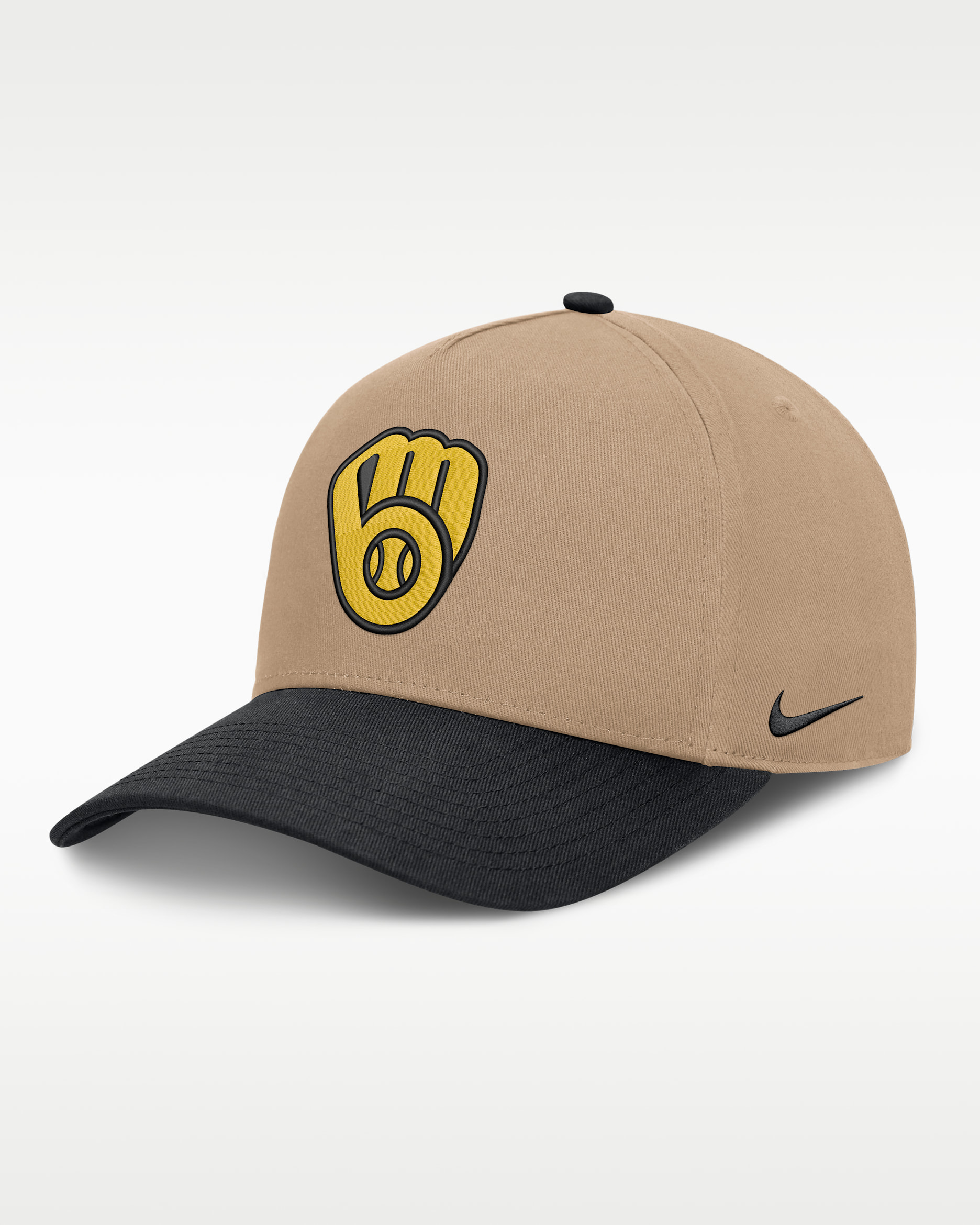 Gorra de rejilla Nike de la MLB ajustable y con estructura A-Frame para hombre Milwaukee Brewers Rise - Caqui/Negro/Negro