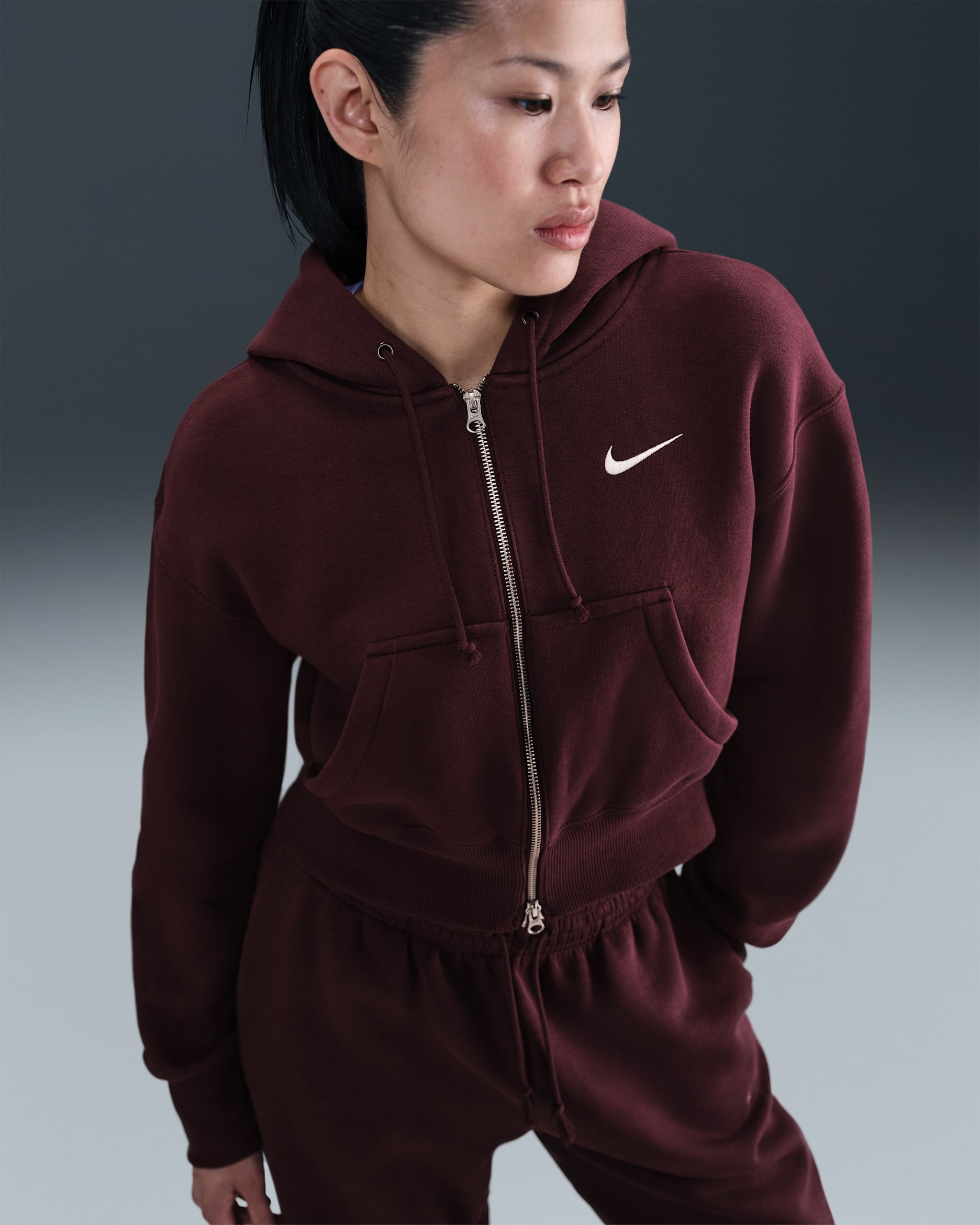 Nike Sportswear Phoenix Fleece Women's Loose Full-Zip Cropped Hoodie - Burgundy Crush/Sail