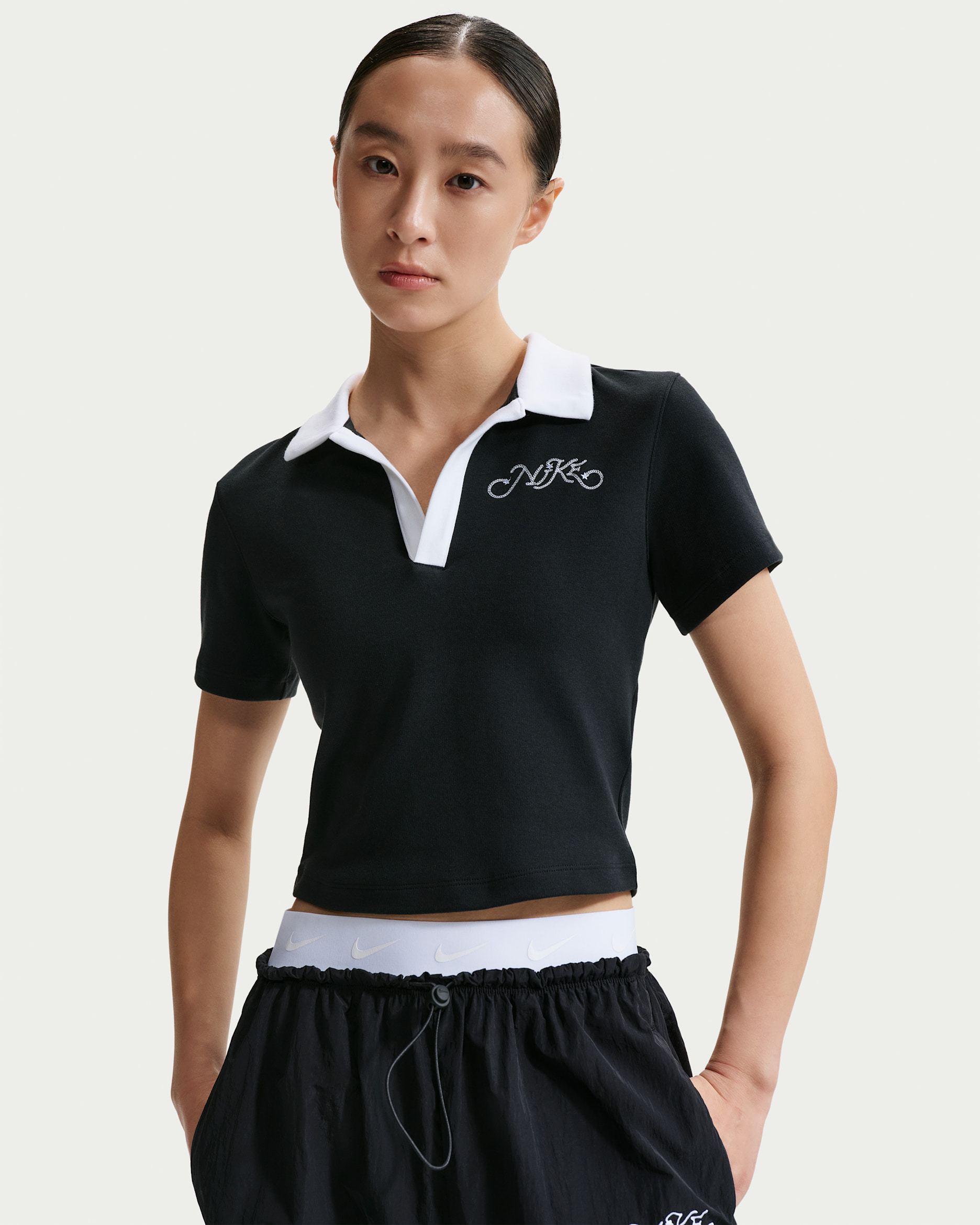 나이키 스포츠웨어 여성 반팔 폴로 크롭 탑 - 블랙