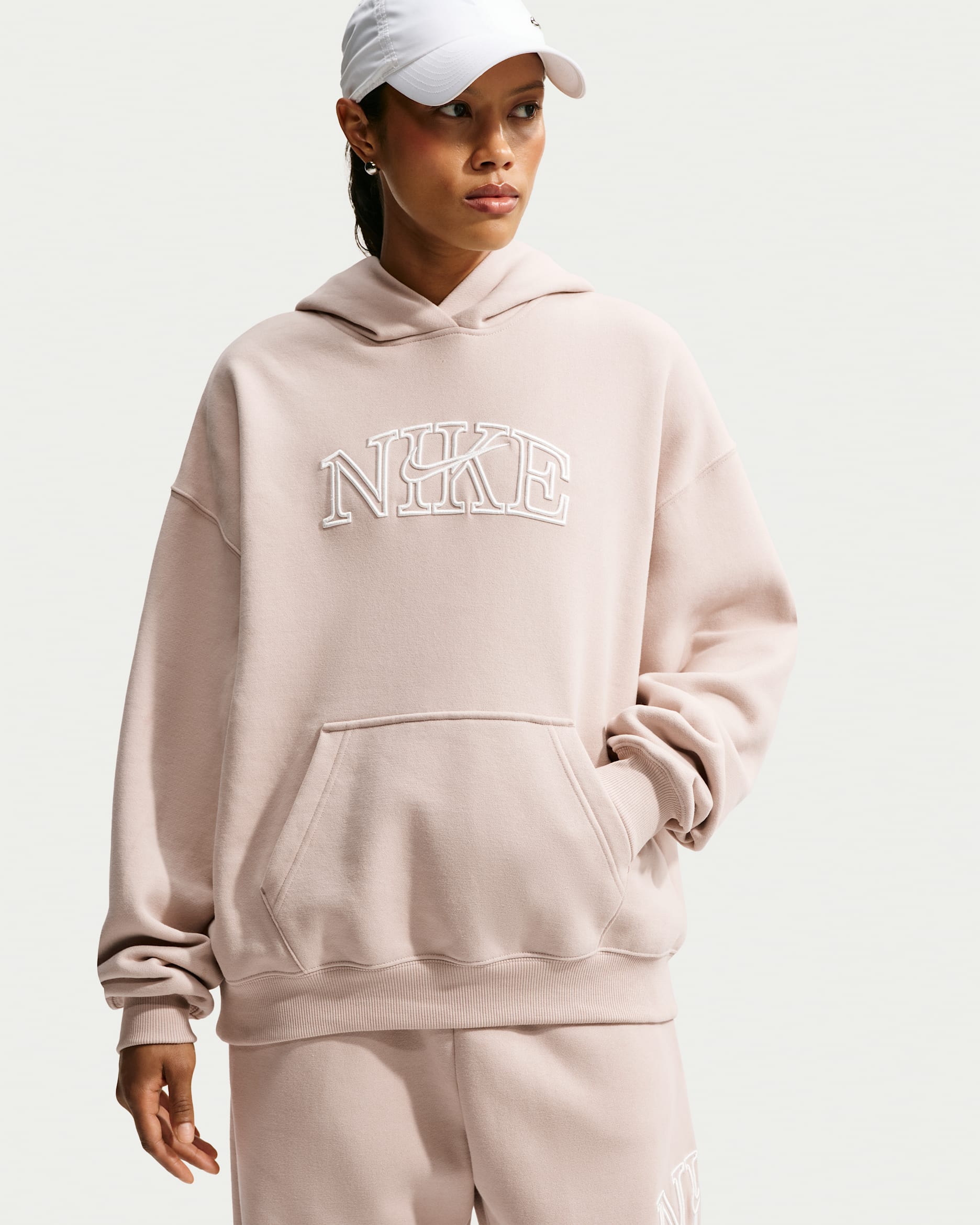Nike Studio Fleece Medium Weight Women's Oversized Pullover Logo Hoodie - Cream II/Sail