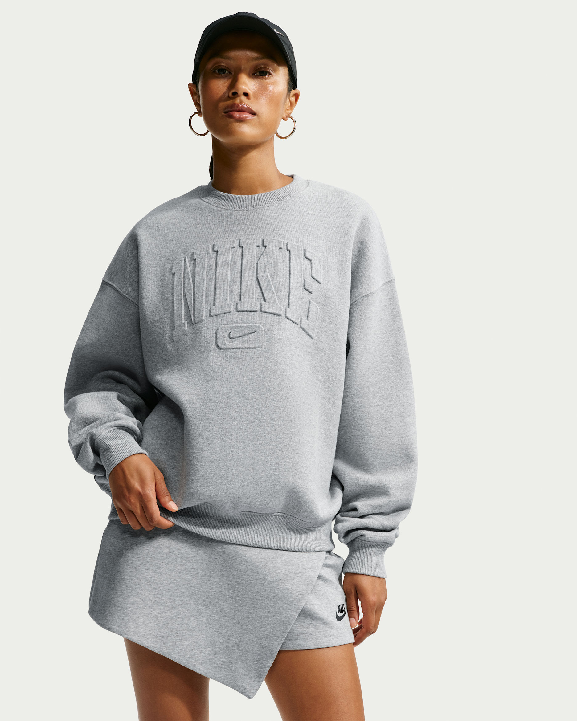 Nike Studio Fleece Medium Weight Women's Oversized Embossed Crew - Dark Grey Heather/Dark Grey Heather