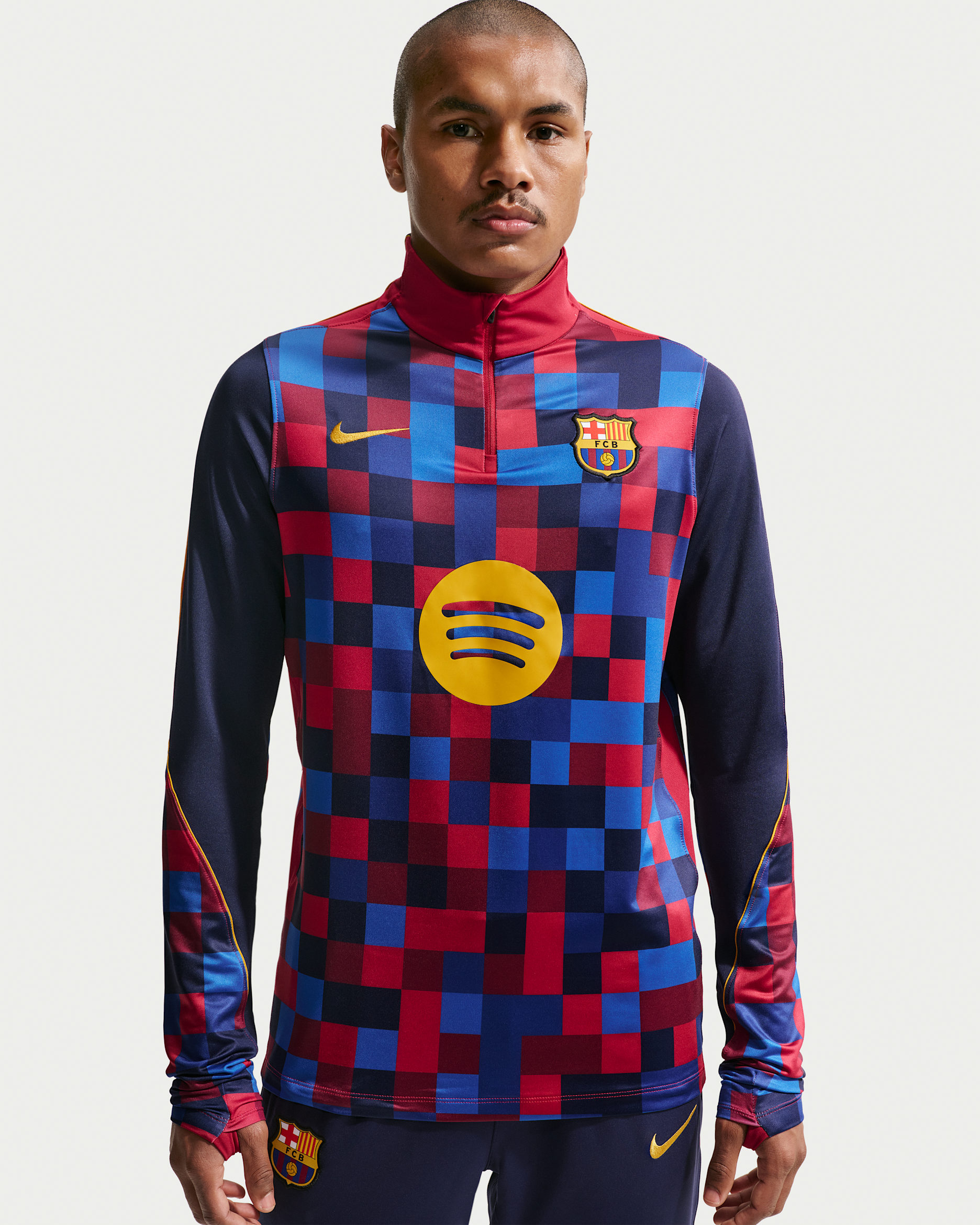 FC Barcelona Strike Home Men's Nike Dri-FIT Soccer Pre-Match Knit Drill Top - Noble Red/Noble Red/Blackened Blue/Mineral Yellow