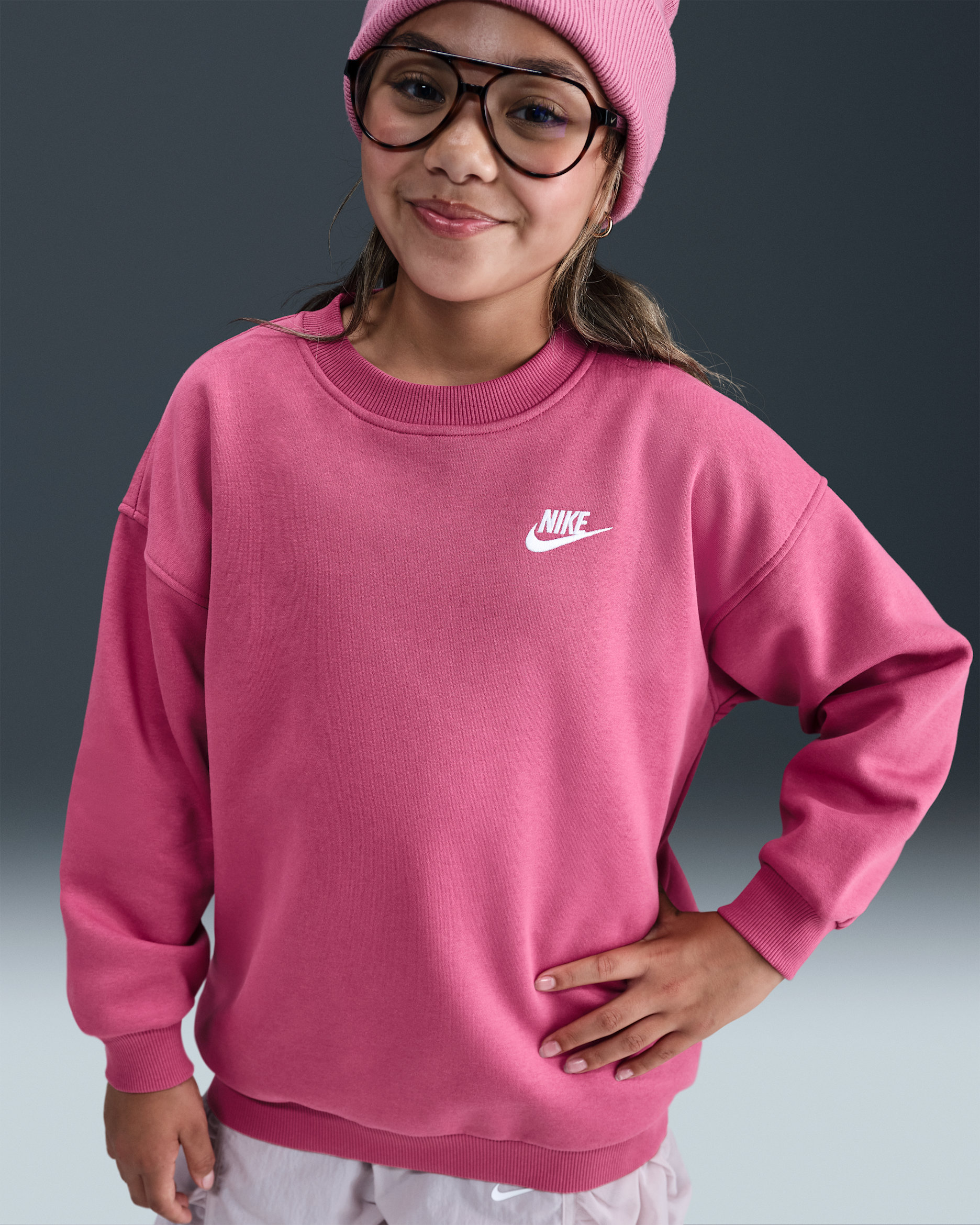 Sudadera oversized para niños talla grande Nike Sportswear Club Fleece - Remolacha dulce/Remolacha dulce/Blanco
