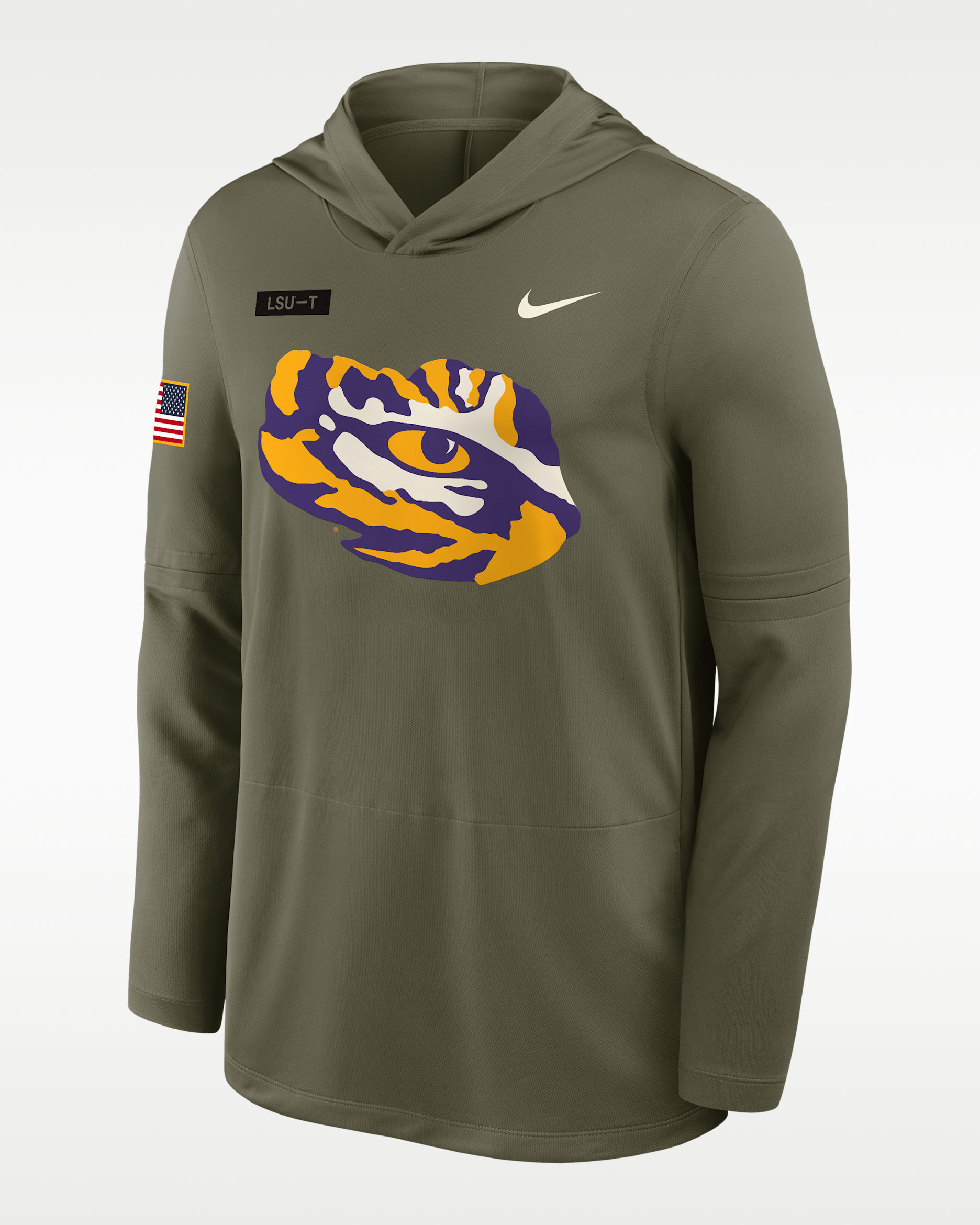 Playera de manga larga universitaria Nike Dri-FIT con gorro para hombre LSU 2025 Military Appreciation - Oliva