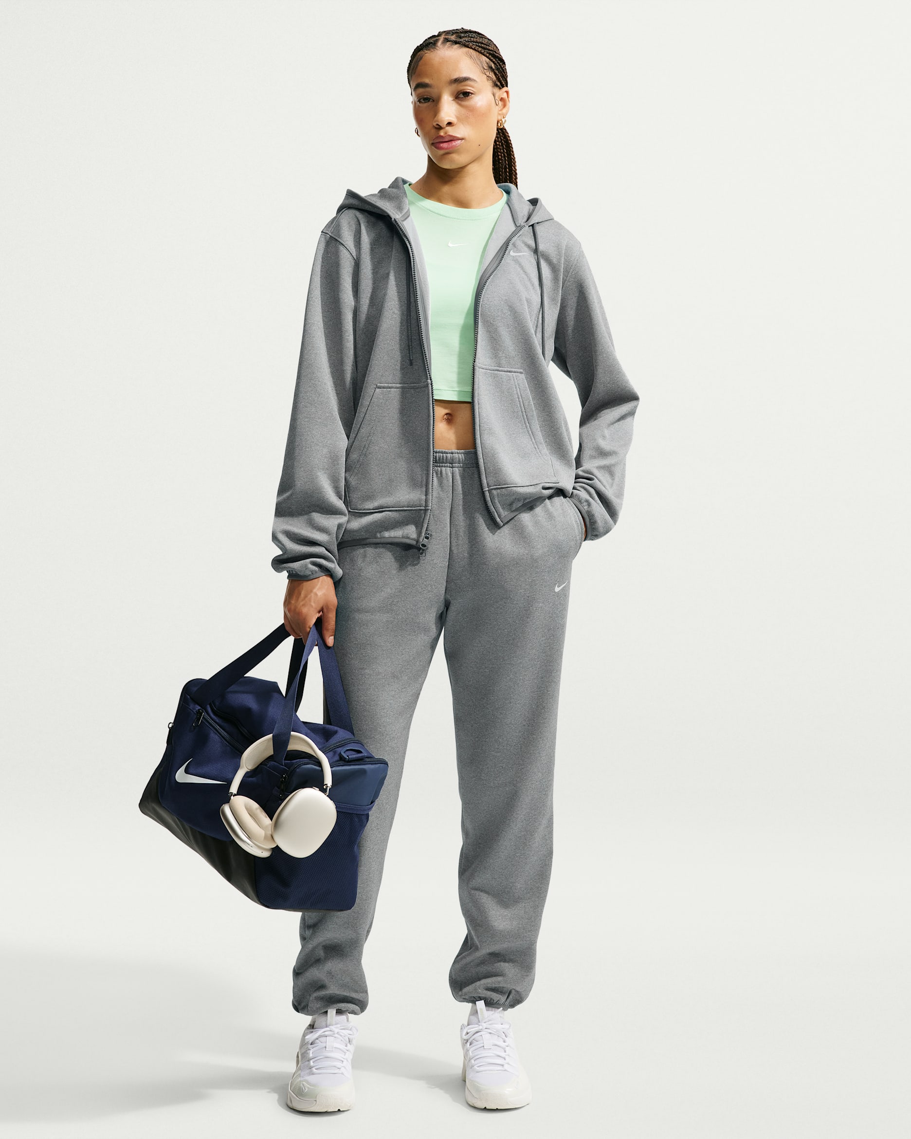 Nike Studio Fleece Sport Women's Therma-FIT Mid-Rise Trousers - Smoke Grey/Heather/White