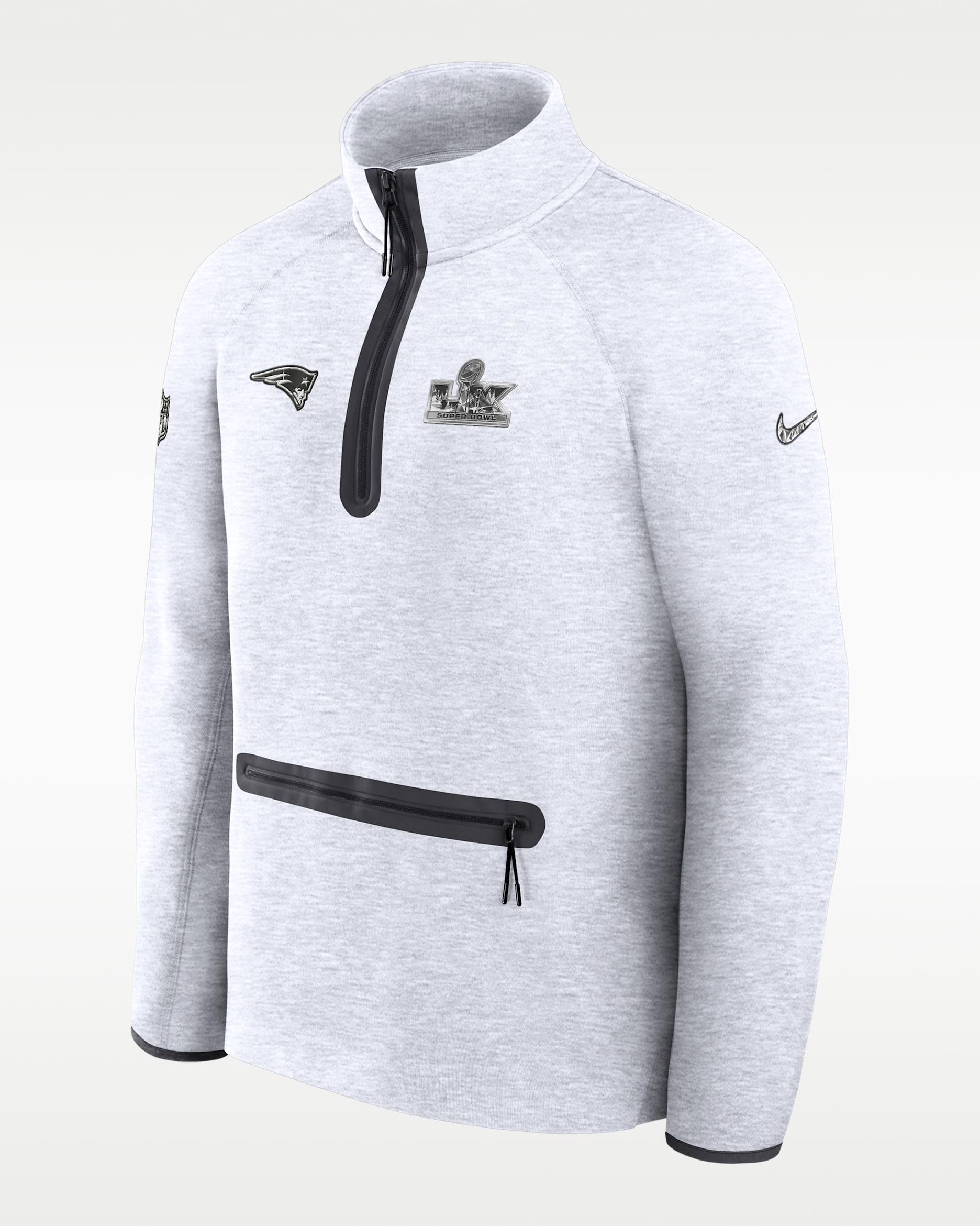 New England Patriots Super Bowl LX Opening Night Tech Fleece Men's Nike NFL 1/2-Zip Top - Light Grey Heather