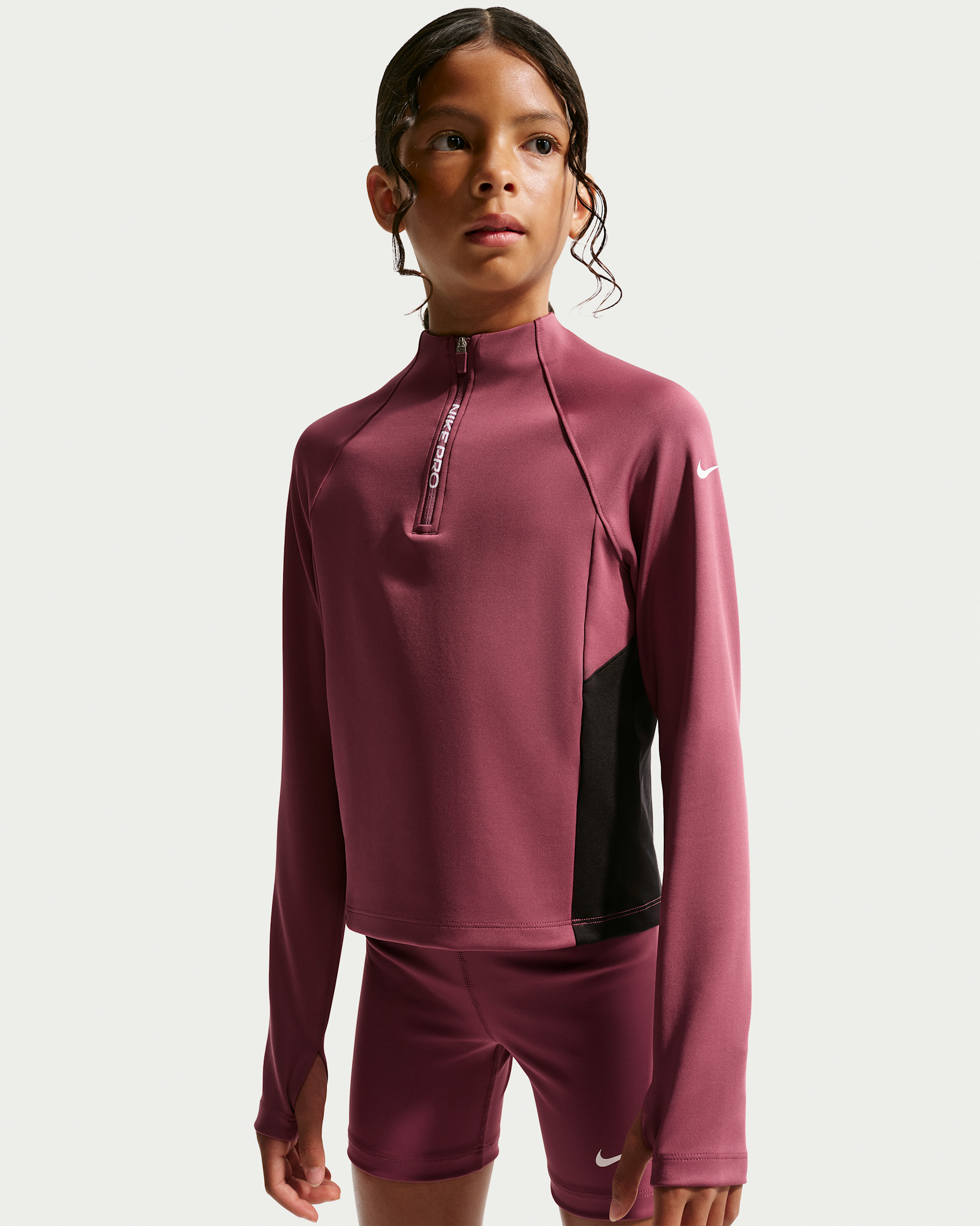 Camisola de manga comprida com fecho até meio Nike Pro Dri-FIT Júnior (Rapariga) - Rosa Smoke/Preto/Branco