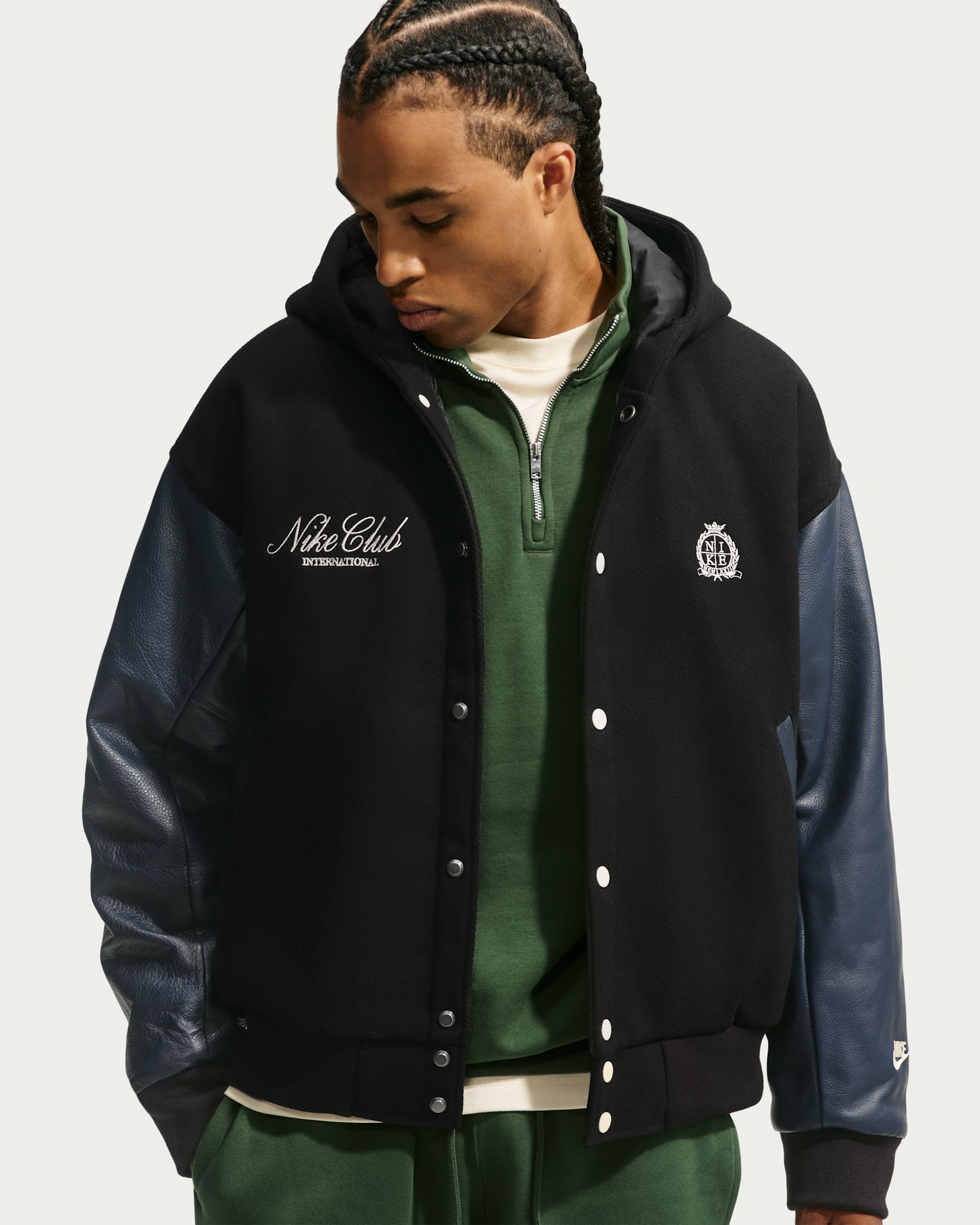Nike Sportswear Club Men's Wool Varsity Jacket - Black/Obsidian/Sanddrift