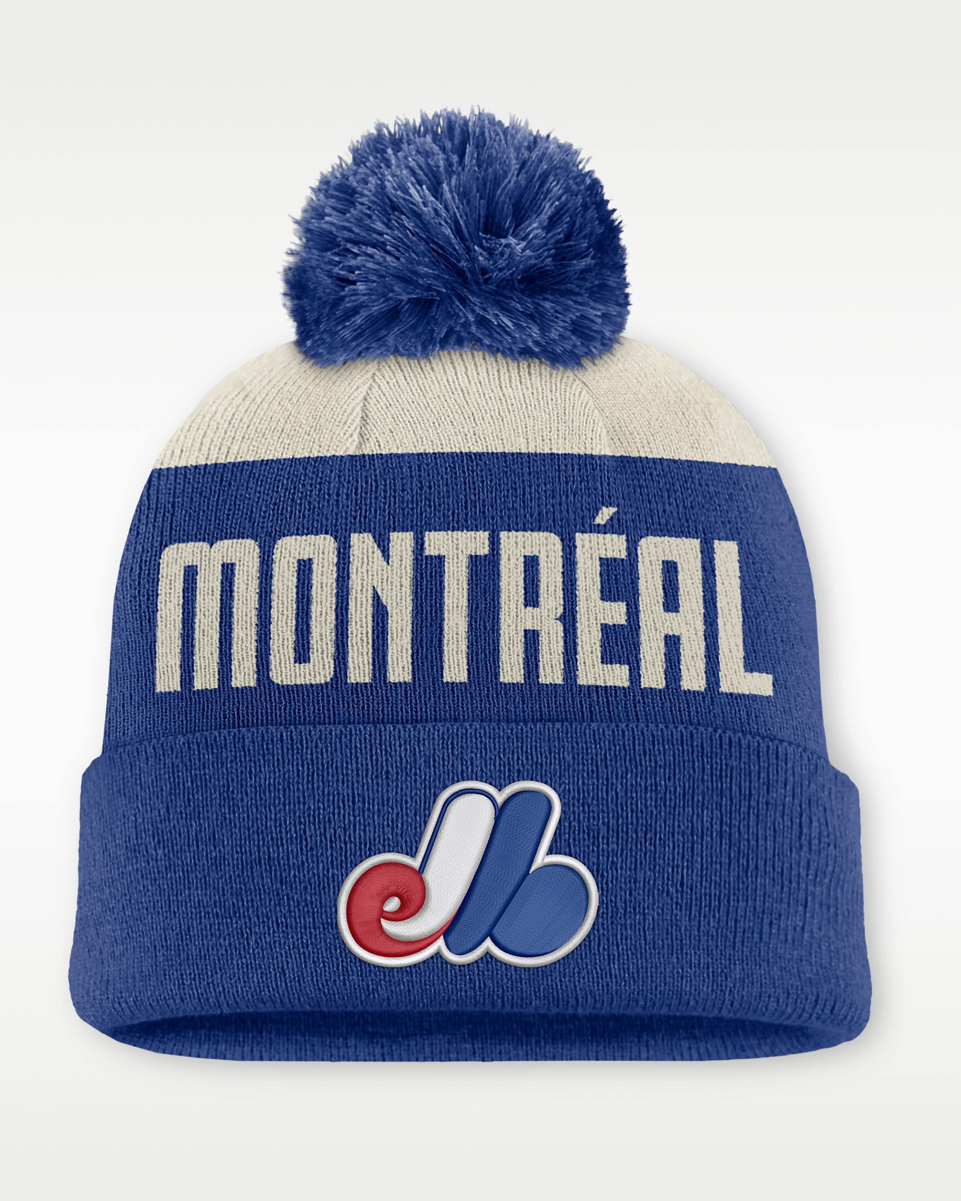 Gorro con dobladillo y pompón Nike de la MLB para hombre Montreal Expos Cooperstown Peak - Blanco/Azul