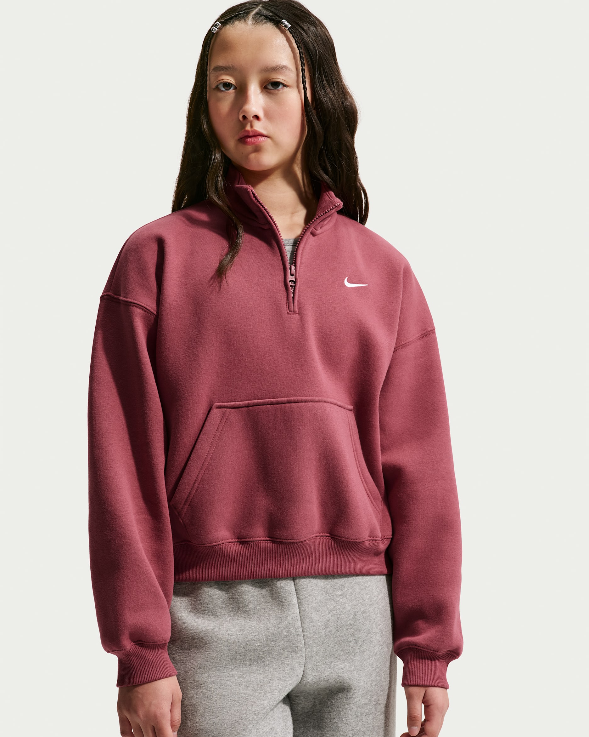 Haut oversize en molleton à 1/4 de zip Nike Sportswear Studio pour ado (fille) - Pink Smoke/Blanc