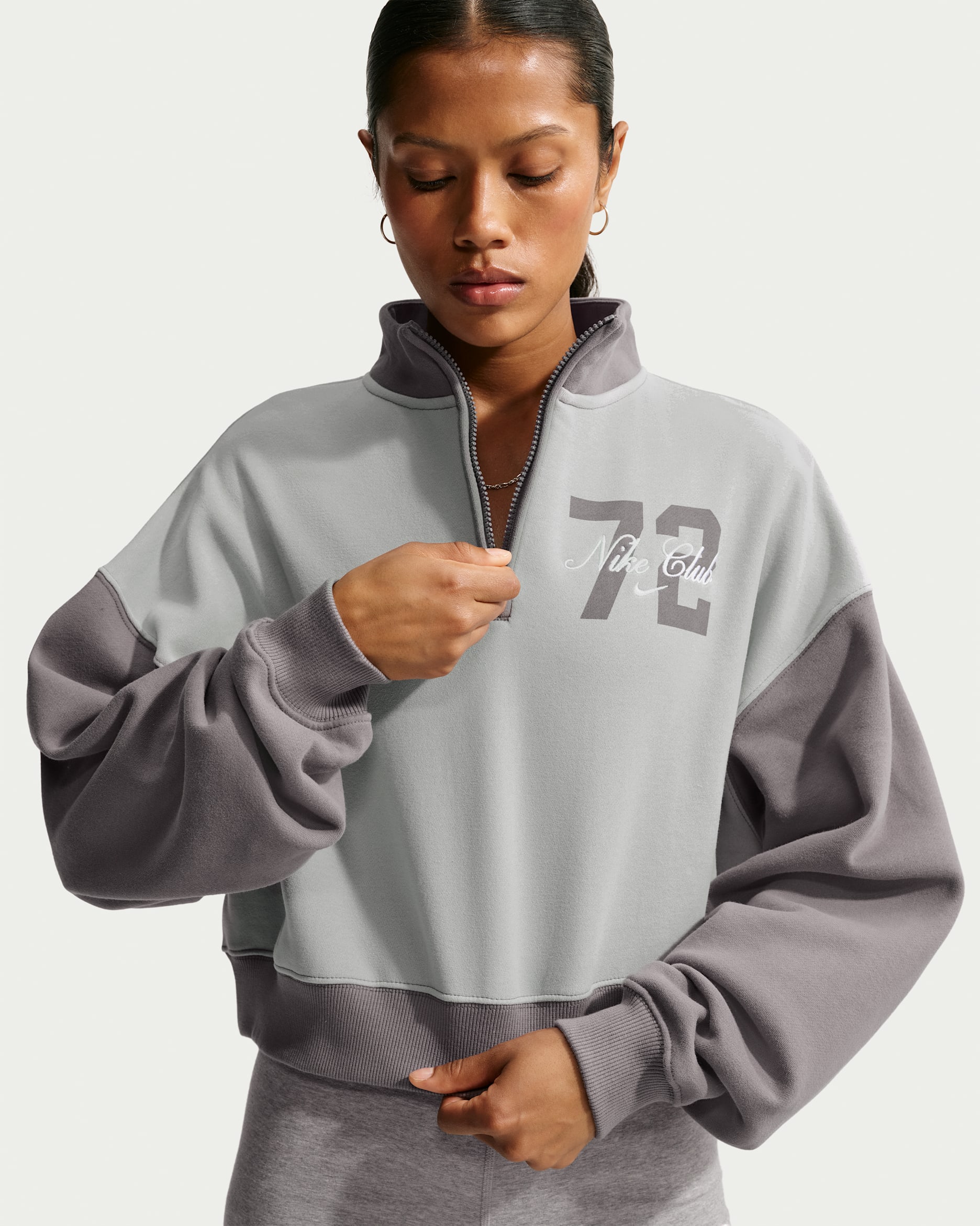 Nike Studio Fleece Medium Weight verkürztes Oversize-Top mit Viertelreißverschluss (Damen) - Light Smoke Grey/Pencil Point