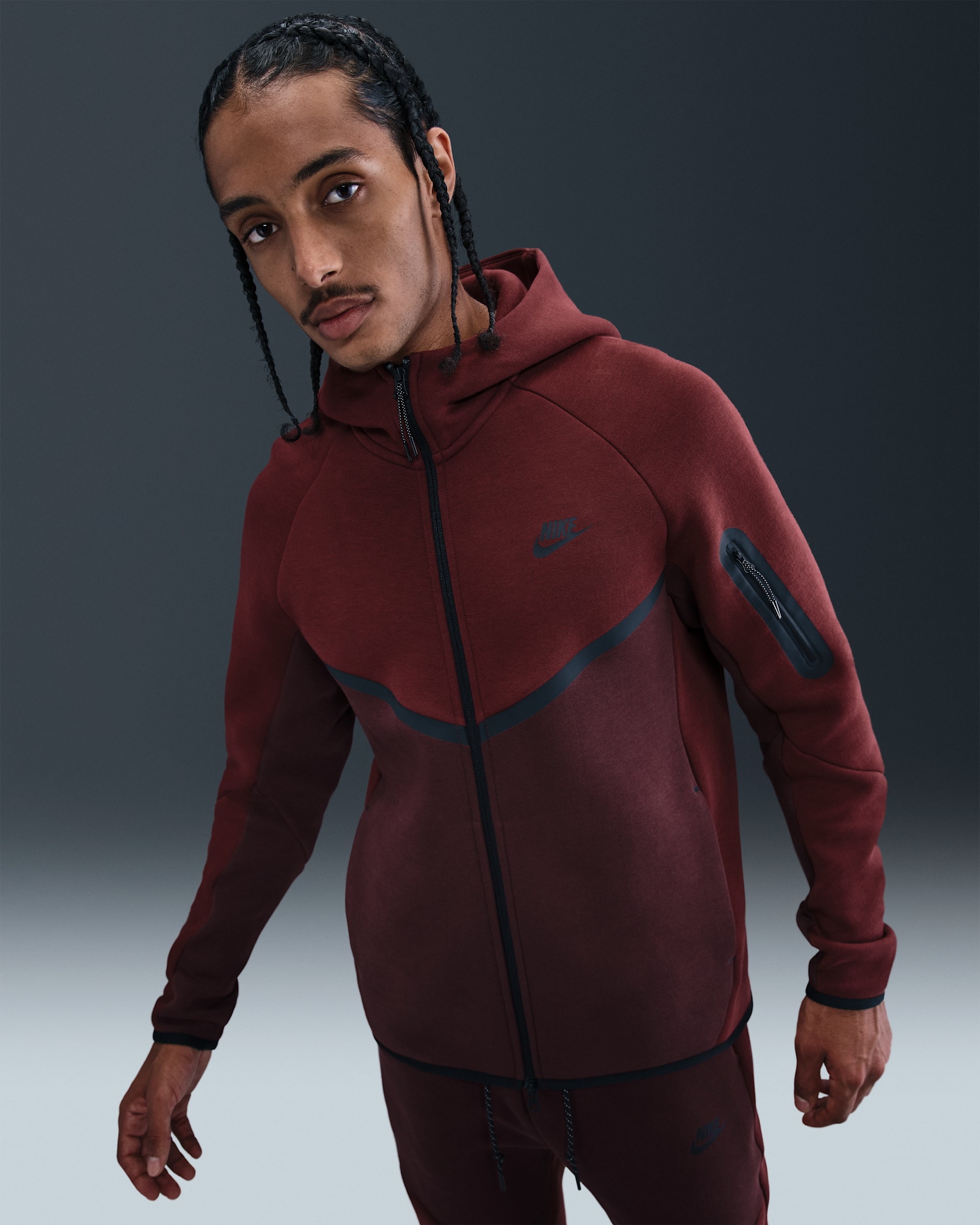 Chamarra Windrunner de tejido Fleece de cierre completo para hombre Nike Tech - Rojo team oscuro/Burdeos enérgico/Negro