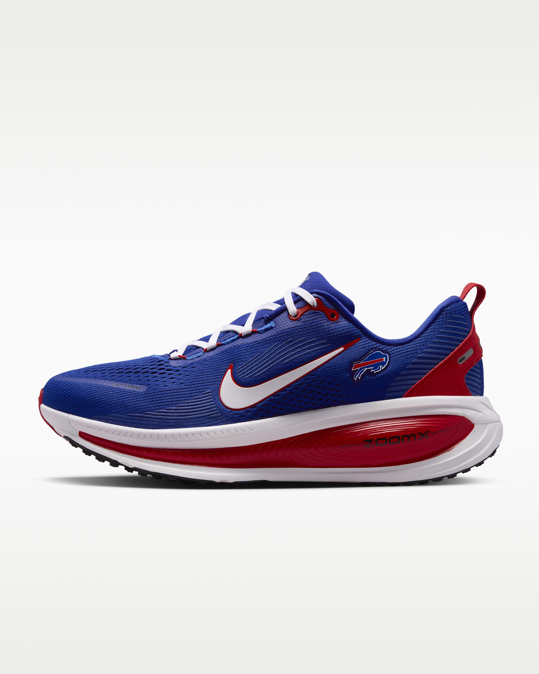 Tenis de correr en pavimento de la NFL para hombre Nike Vomero 18 (Buffalo Bills) - Azul eléctrico/Rojo universitario/Blanco