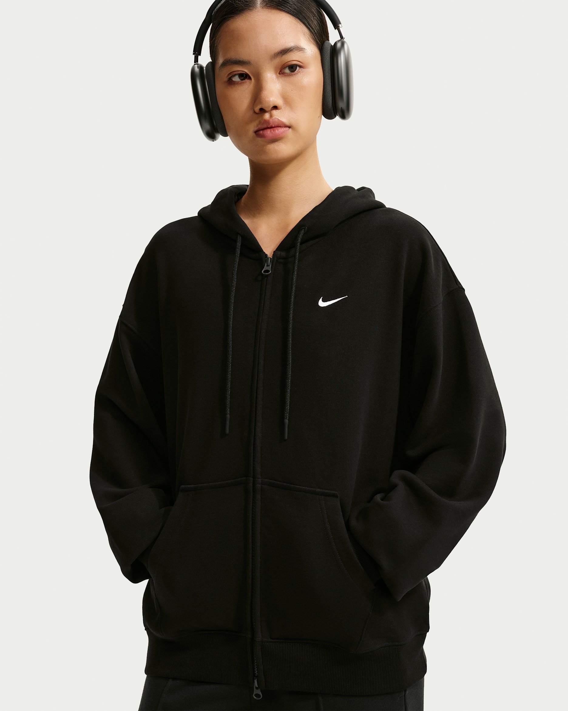 Nike Studio Fleece Lightweight Women's Oversized Full-Zip Hoodie - Total Black/Sail