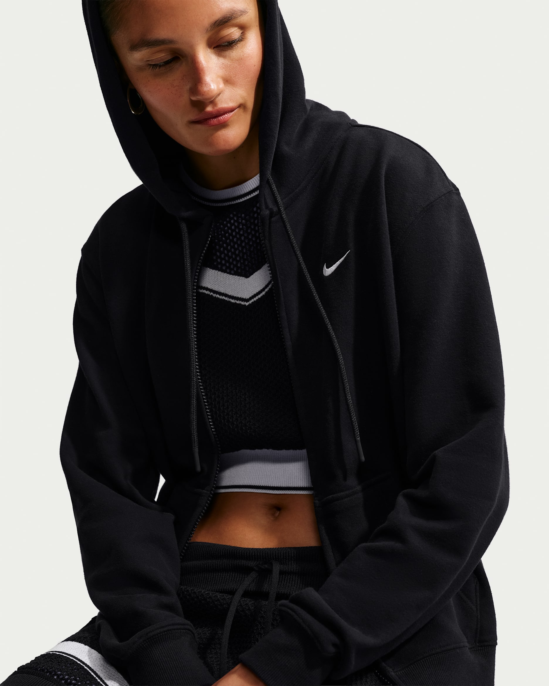 Sudadera con gorro de cierre completo para mujer Nike Studio Fleece Lightweight - Total Black/Vela