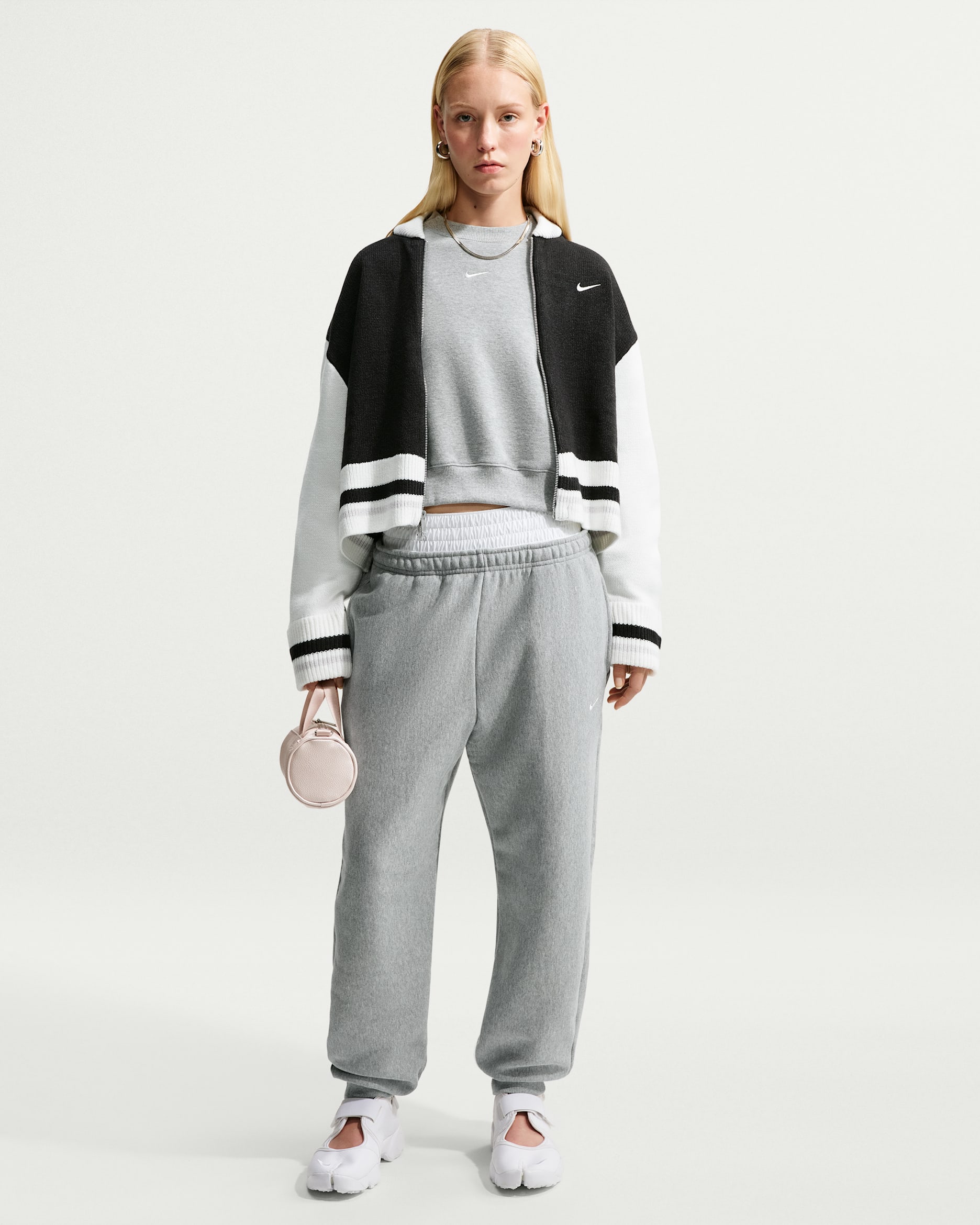 Damskie joggery o kroju oversize z wysokim stanem Nike Studio Fleece Heavyweight - Dark Grey Heather/Sail