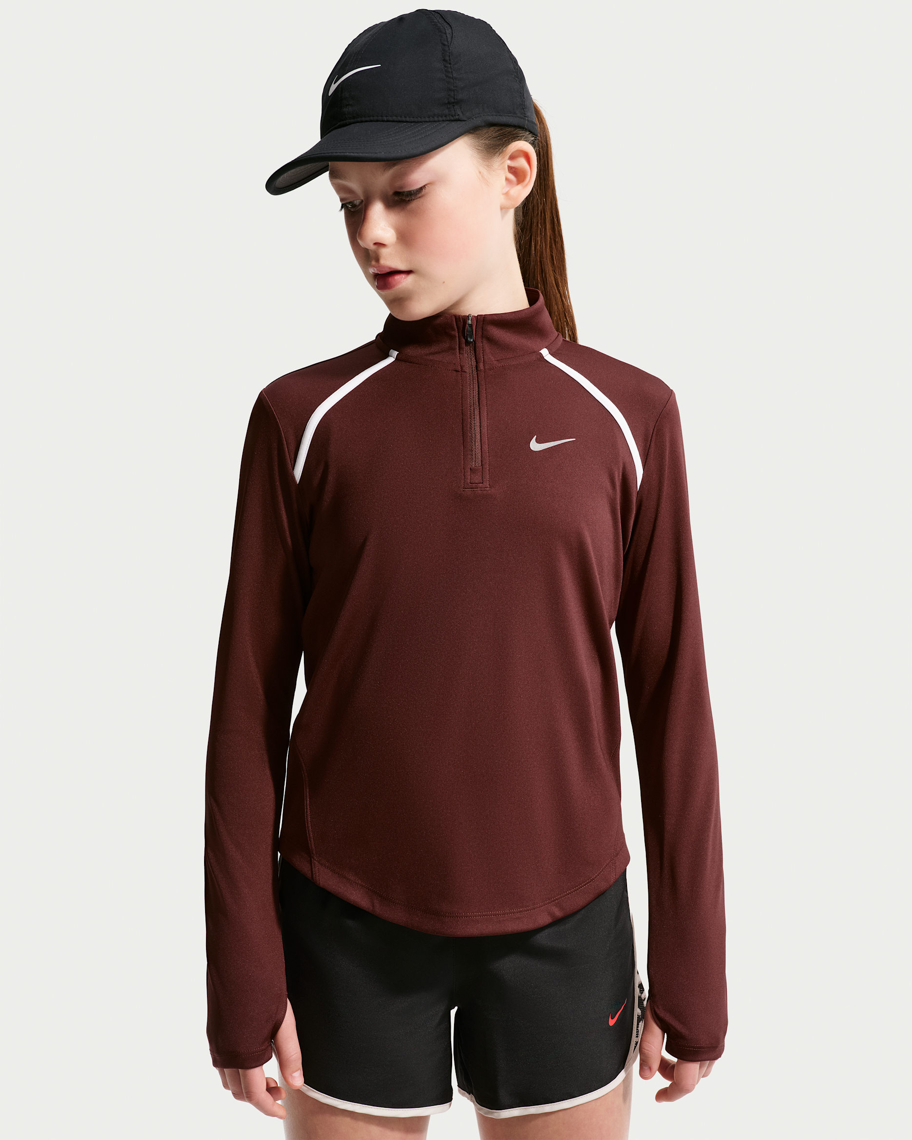 Haut à manches longues et demi-zip Dri-FIT Nike Tempo pour pré-ado (fille) - Mystic Dates/Blanc