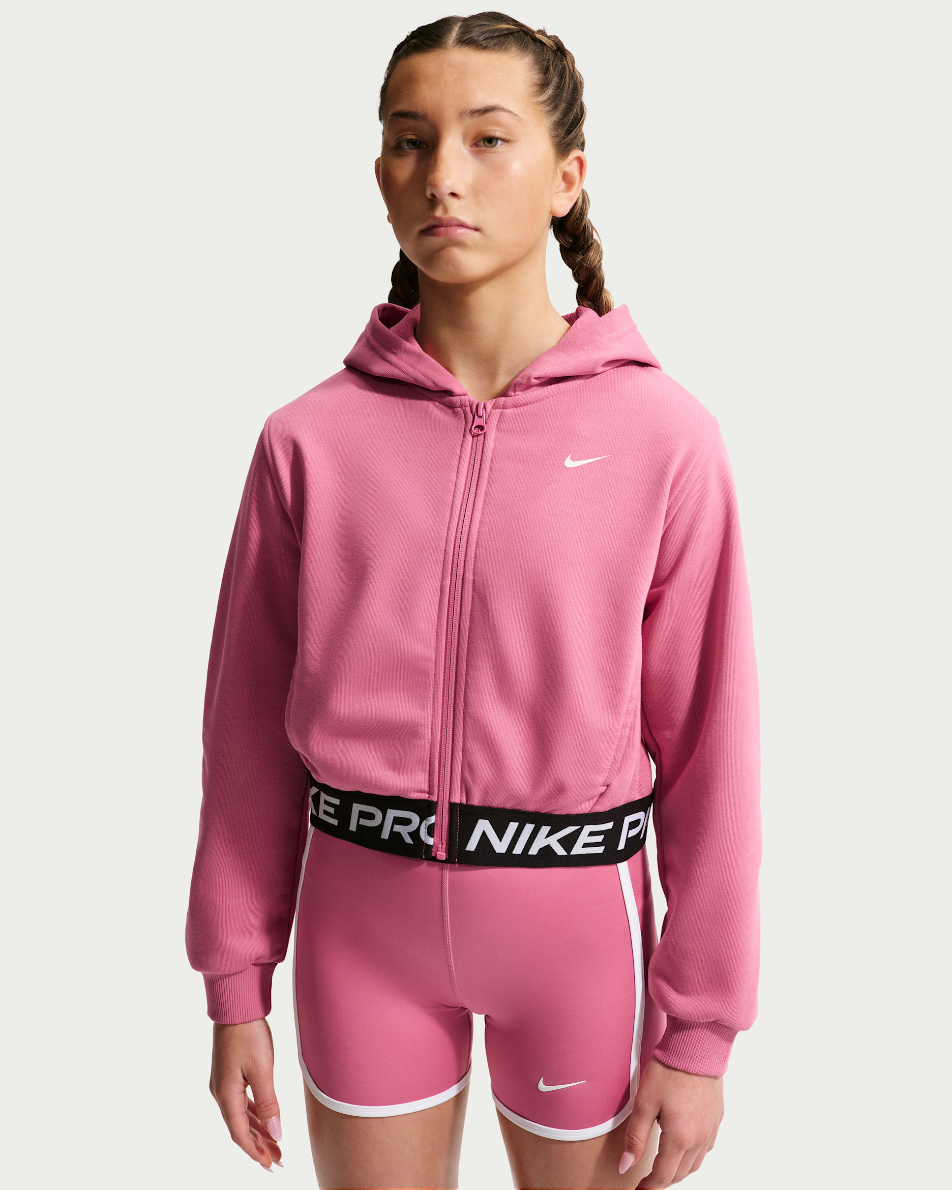 Nike Pro Fleece Big Kids' (Girls') Dri-FIT Full-Zip Hoodie - Peony/Peony/Black/White
