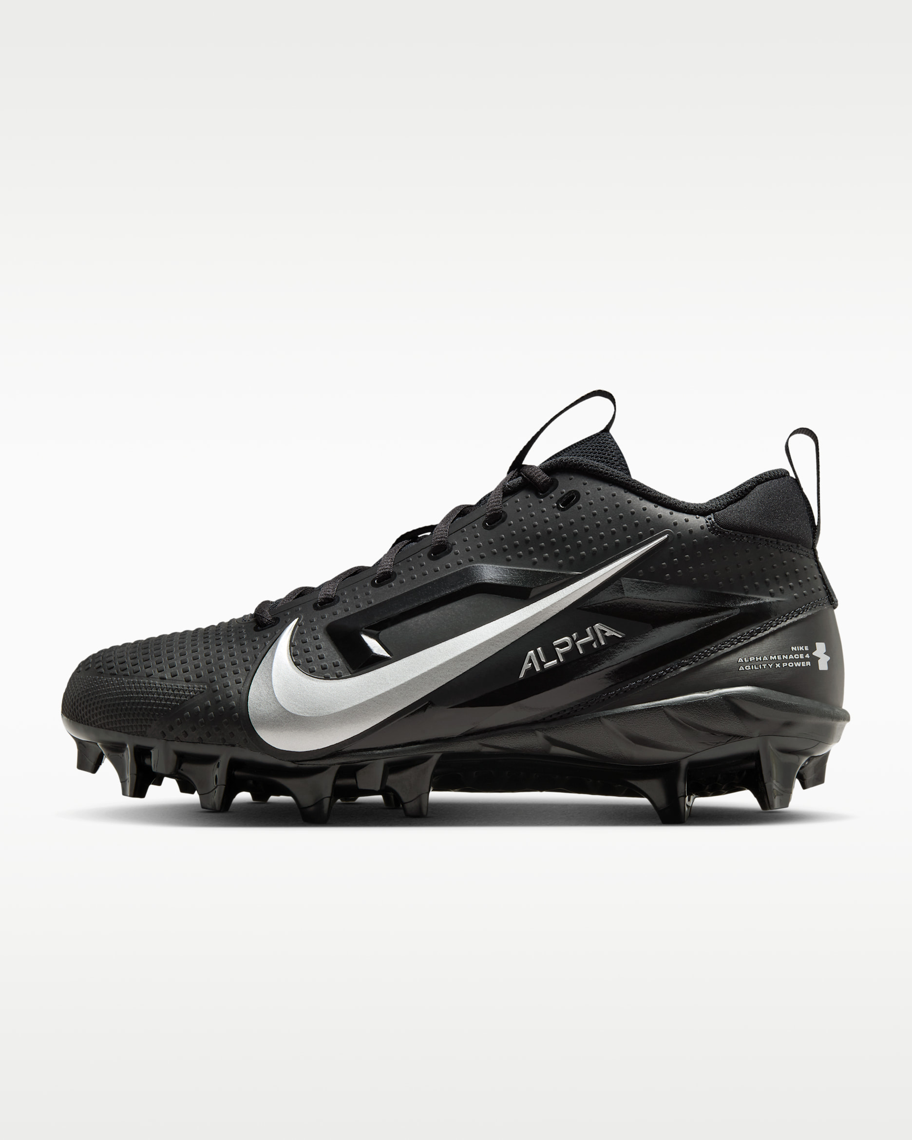 Tacos de fútbol Nike Alpha Menace 4 Varsity - Negro/Plata metalizado