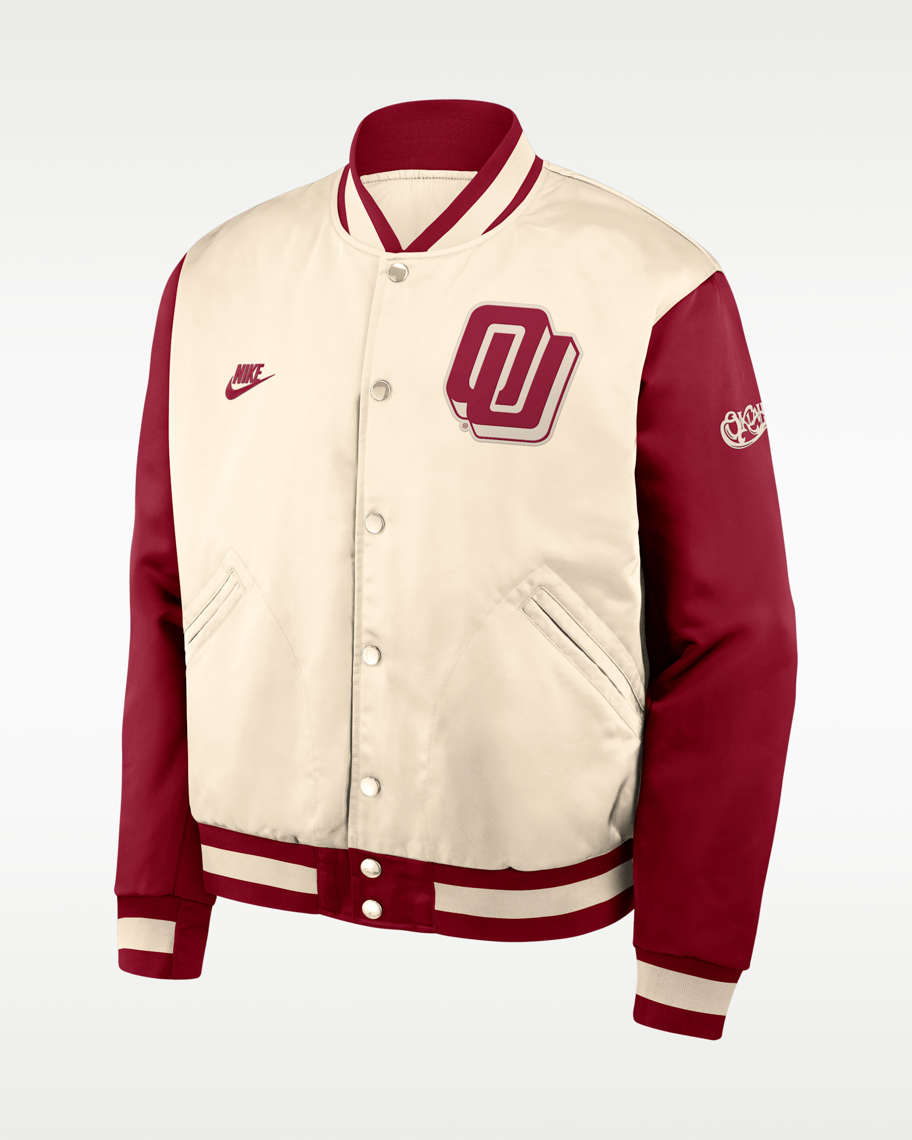 Oklahoma Legacy Men's Nike College Full-Snap Bomber Jacket - Natural/Crimson