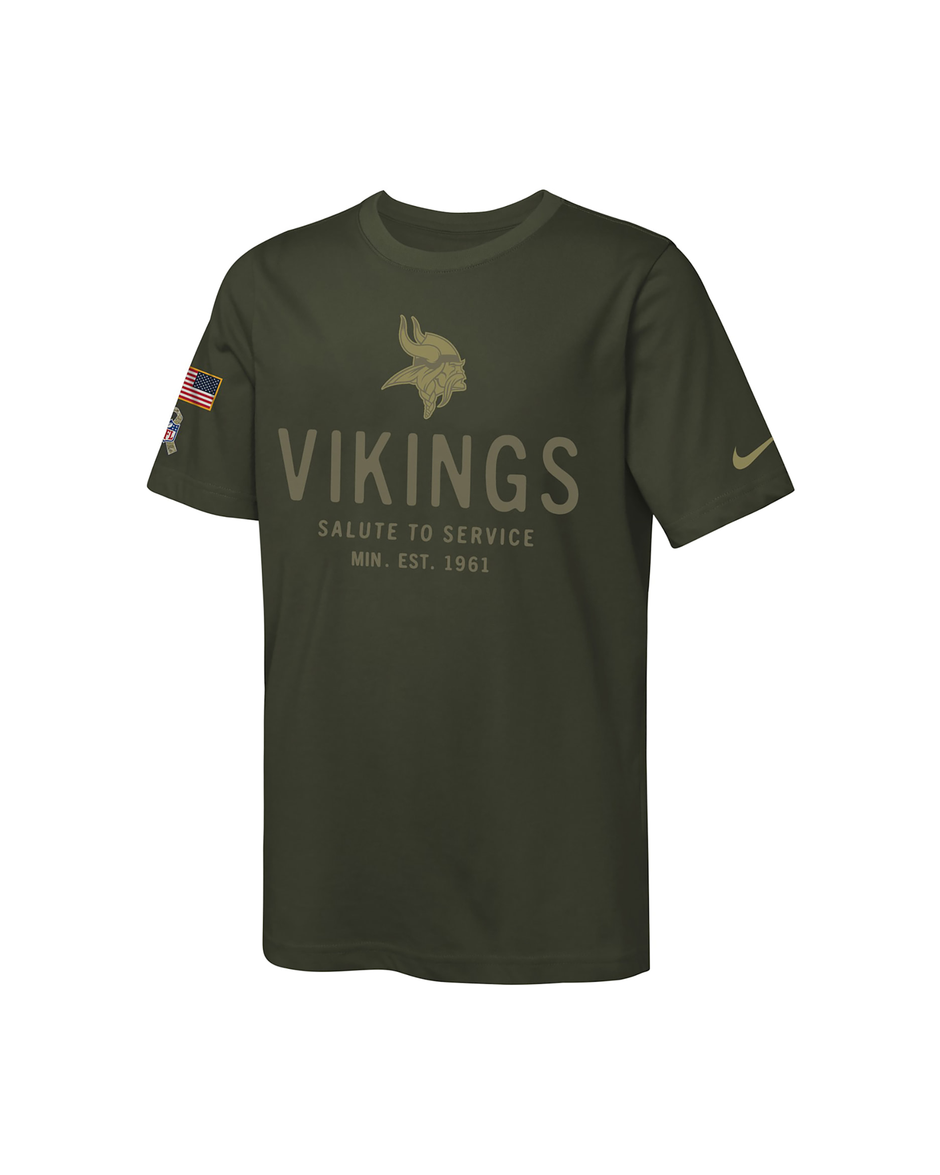 Minnesota Vikings Salute to Service Sideline Big Kids’ Nike Dri-FIT NFL T-Shirt - Olive