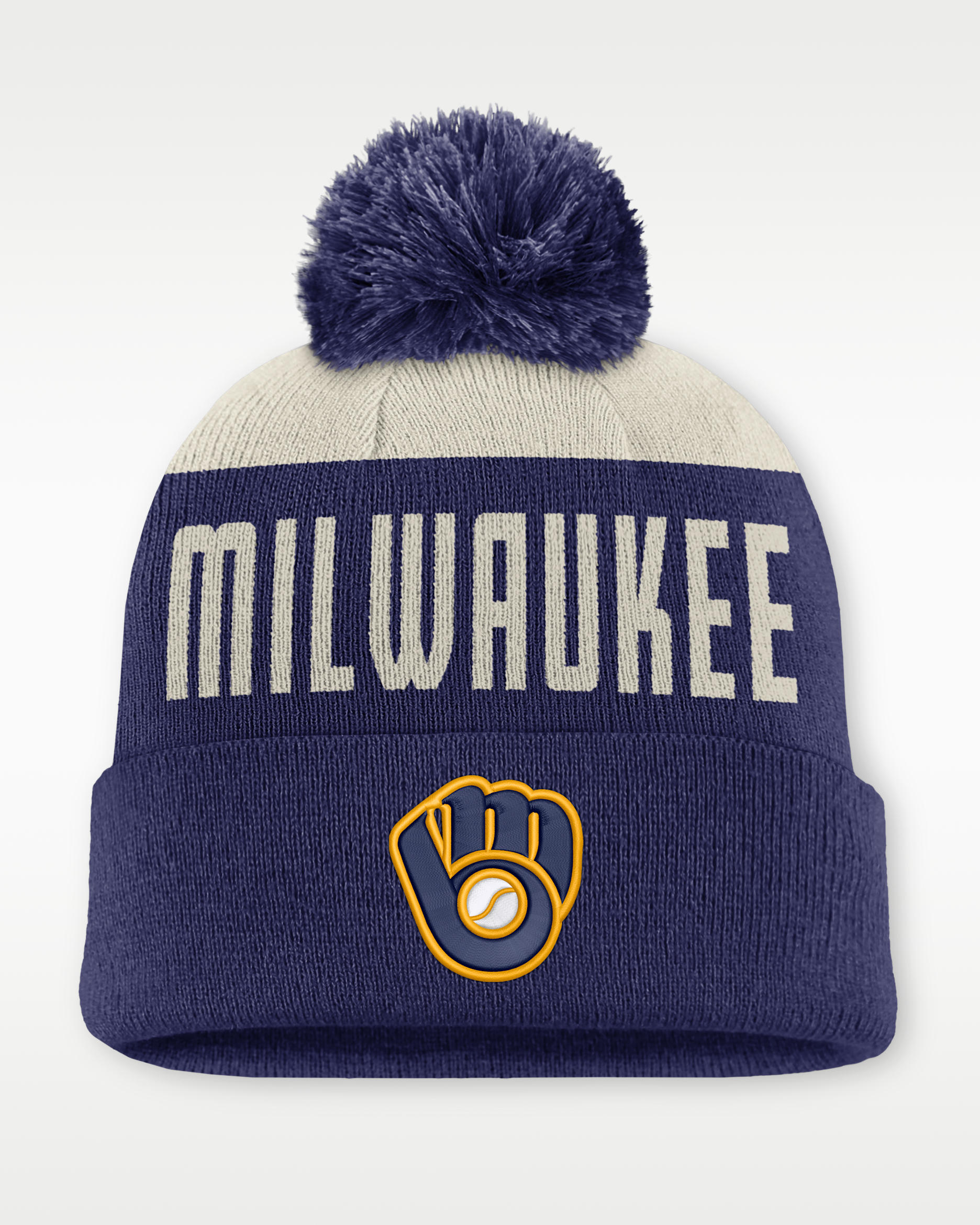 Gorro con dobladillo y pompón Nike de la MLB para hombre Milwaukee Brewers Cooperstown Peak - Blanco/Azul