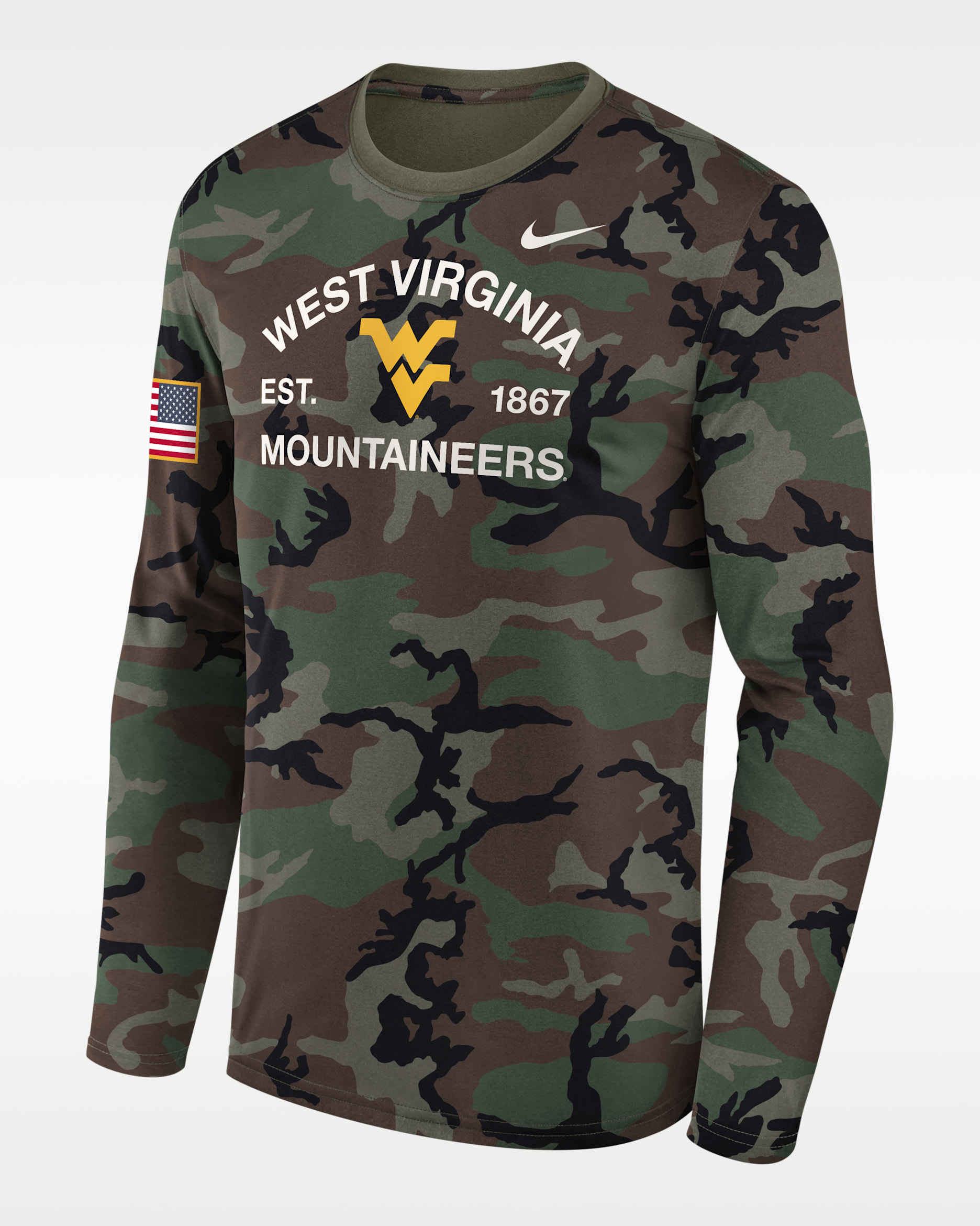 West Virginia 2025 Military Appreciation Legend Men's Nike Dri-FIT College Long-Sleeve T-Shirt - Olive