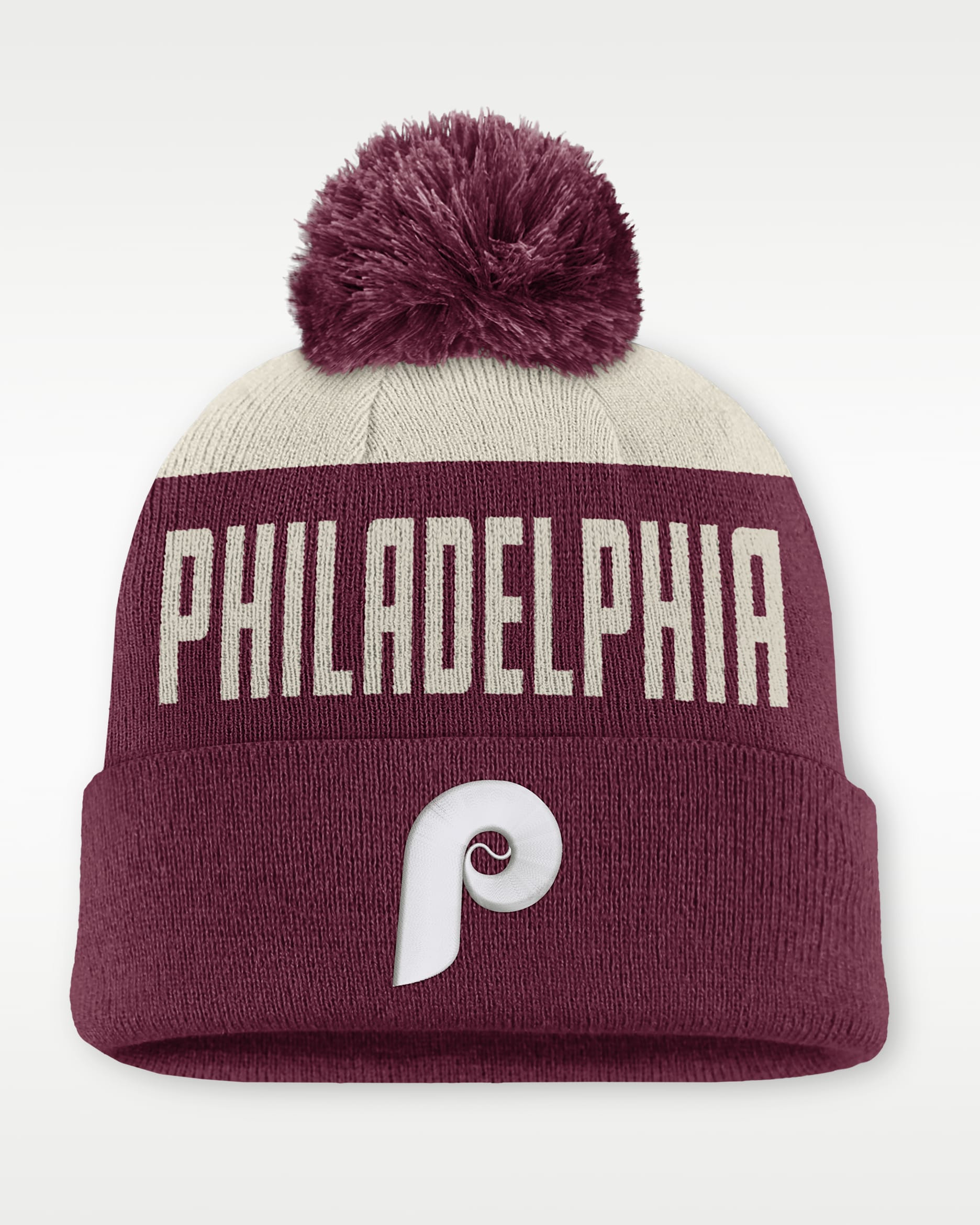 Gorro con dobladillo y pompón Nike de la MLB para hombre Philadelphia Phillies Cooperstown Peak - Blanco/Castaña