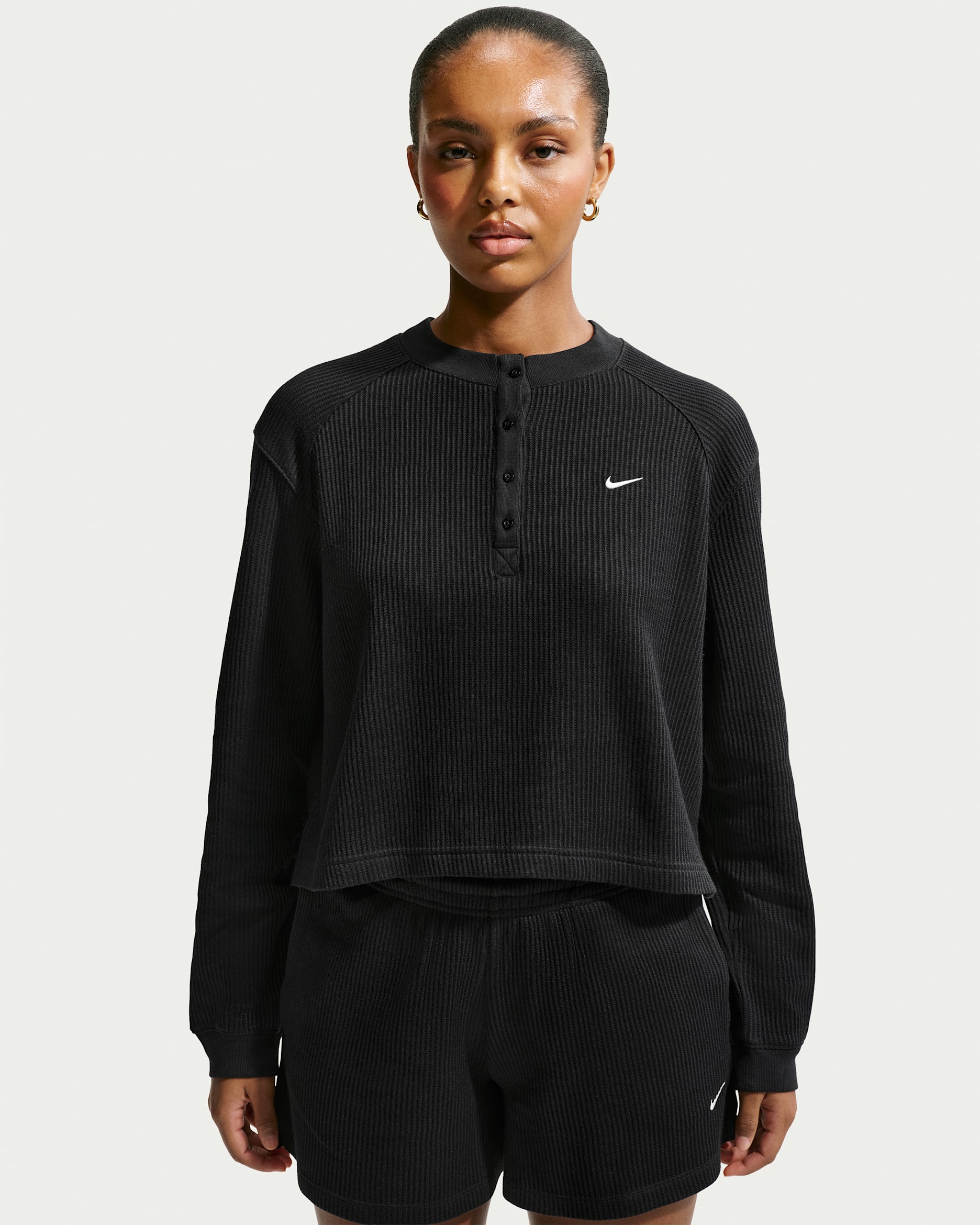 Nike Sportswear Chill Waffle Women's Oversized Long-Sleeve Henley Top - Black/Sail