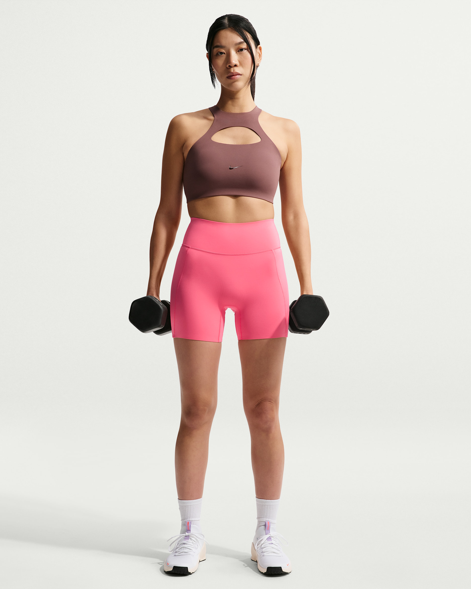 Nike Universa Women's High-Waisted 12.5cm (approx.) Biker Shorts with No Front Seam - Sea Coral/Lobster/Light Fusion Red