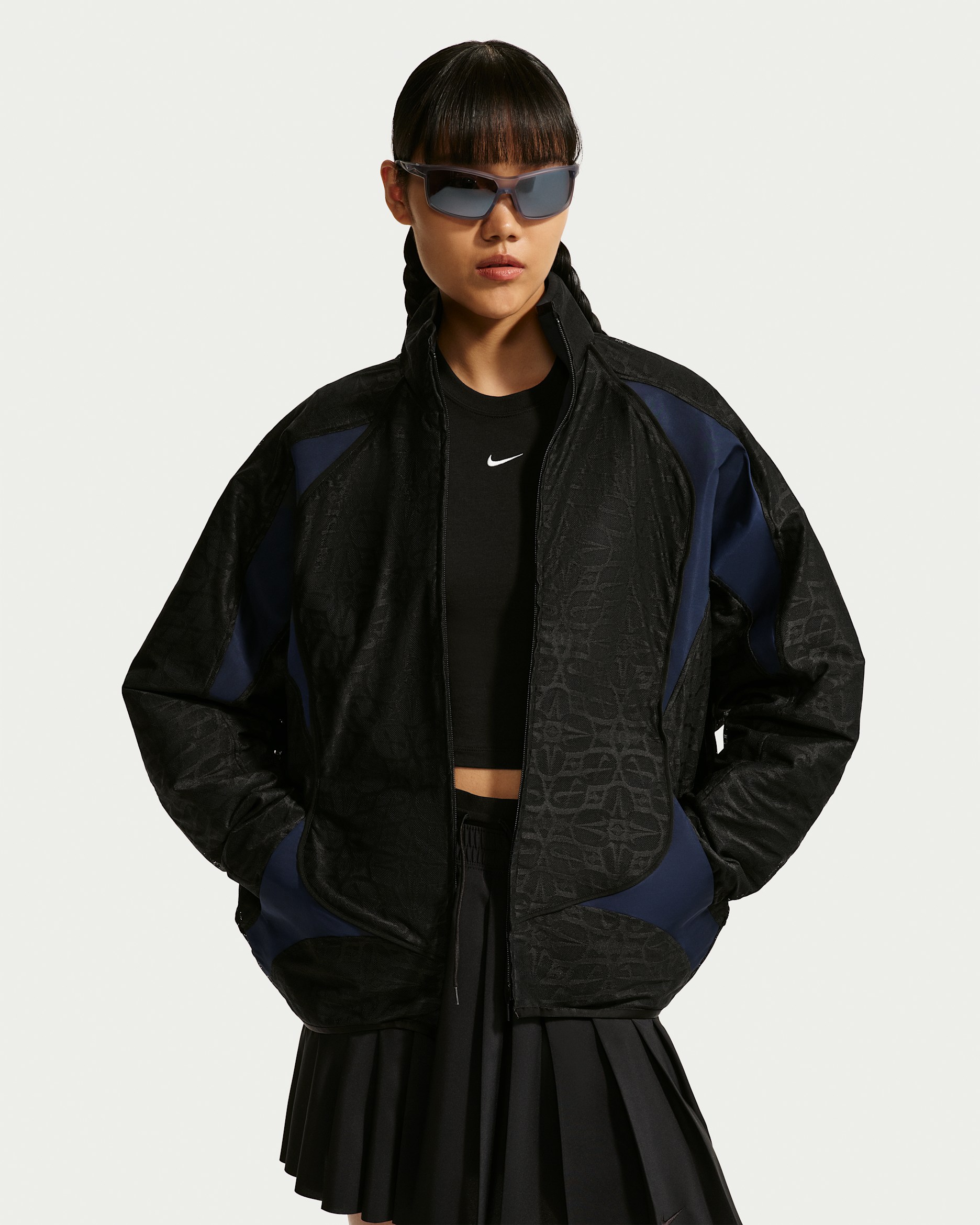 나이키 스포츠웨어 여성 오버사이즈 레이스 트랙 재킷 - 블랙/미드나이트 네이비/화이트/미드나이트 네이비
