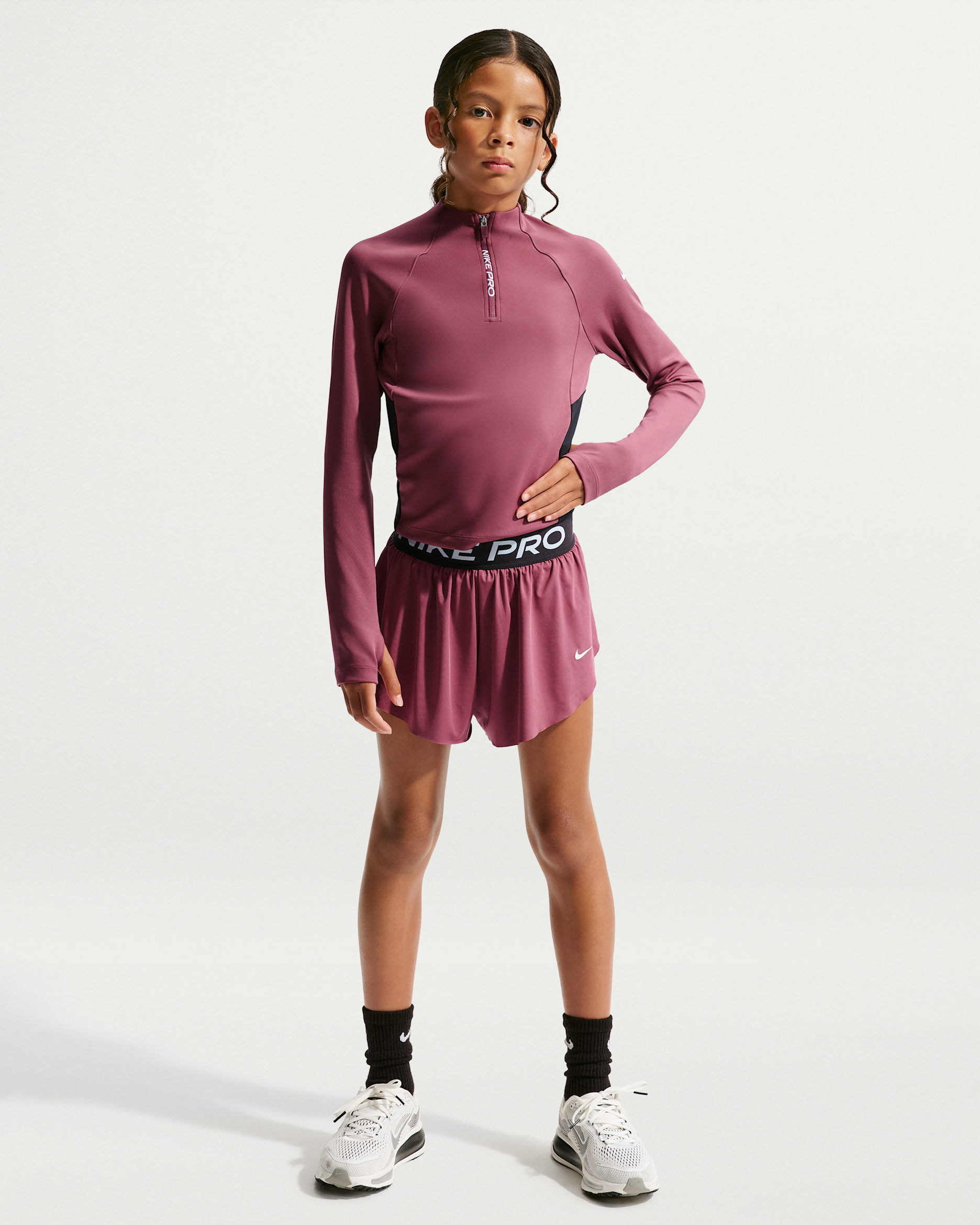 Calções 2 em 1 Dri-FIT Nike Pro Júnior (Rapariga) - Rosa Smoke/Preto/Branco