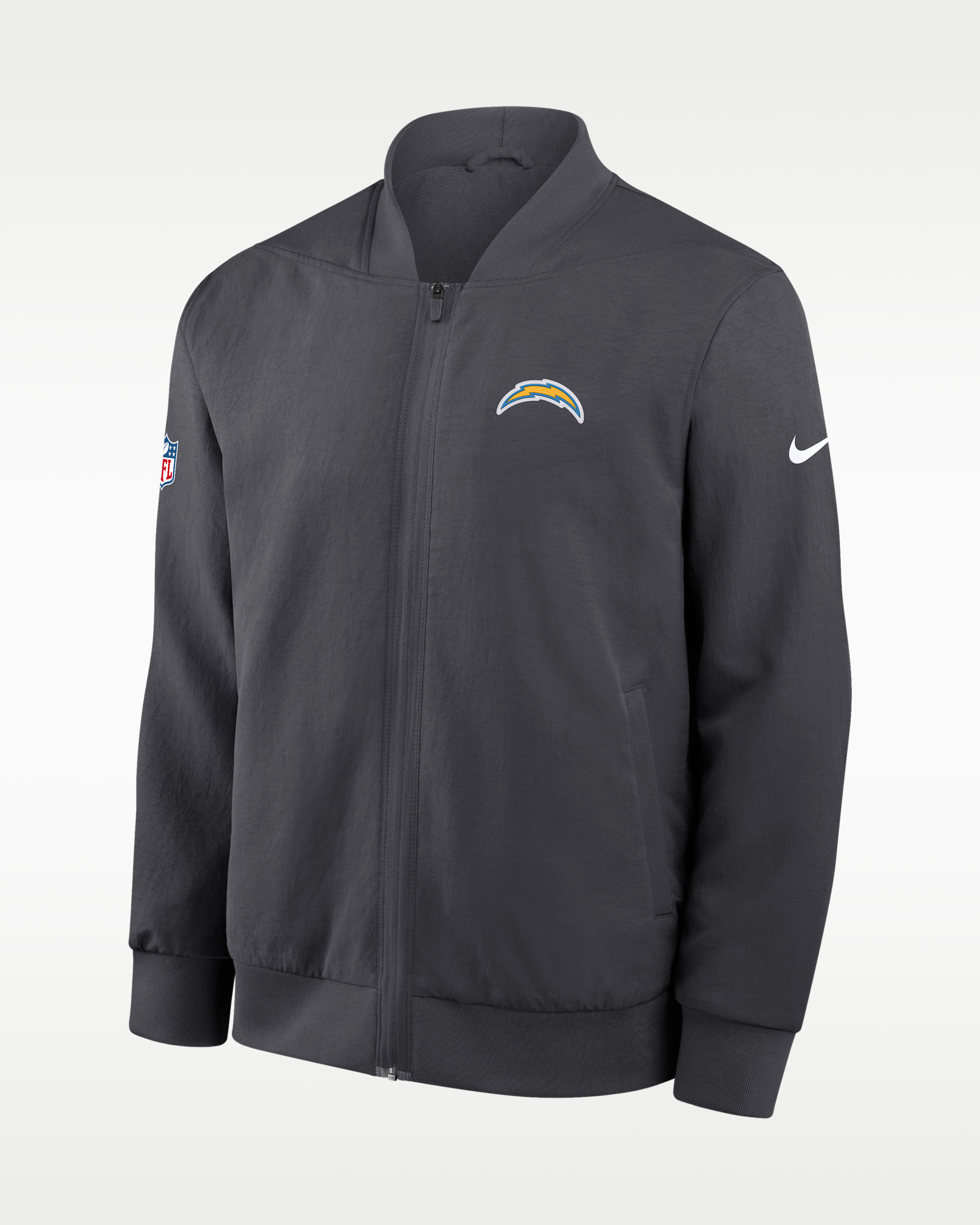 Chamarra bomber Nike de la NFL de cierre completo para hombre Los Angeles Chargers Sideline - Antracita