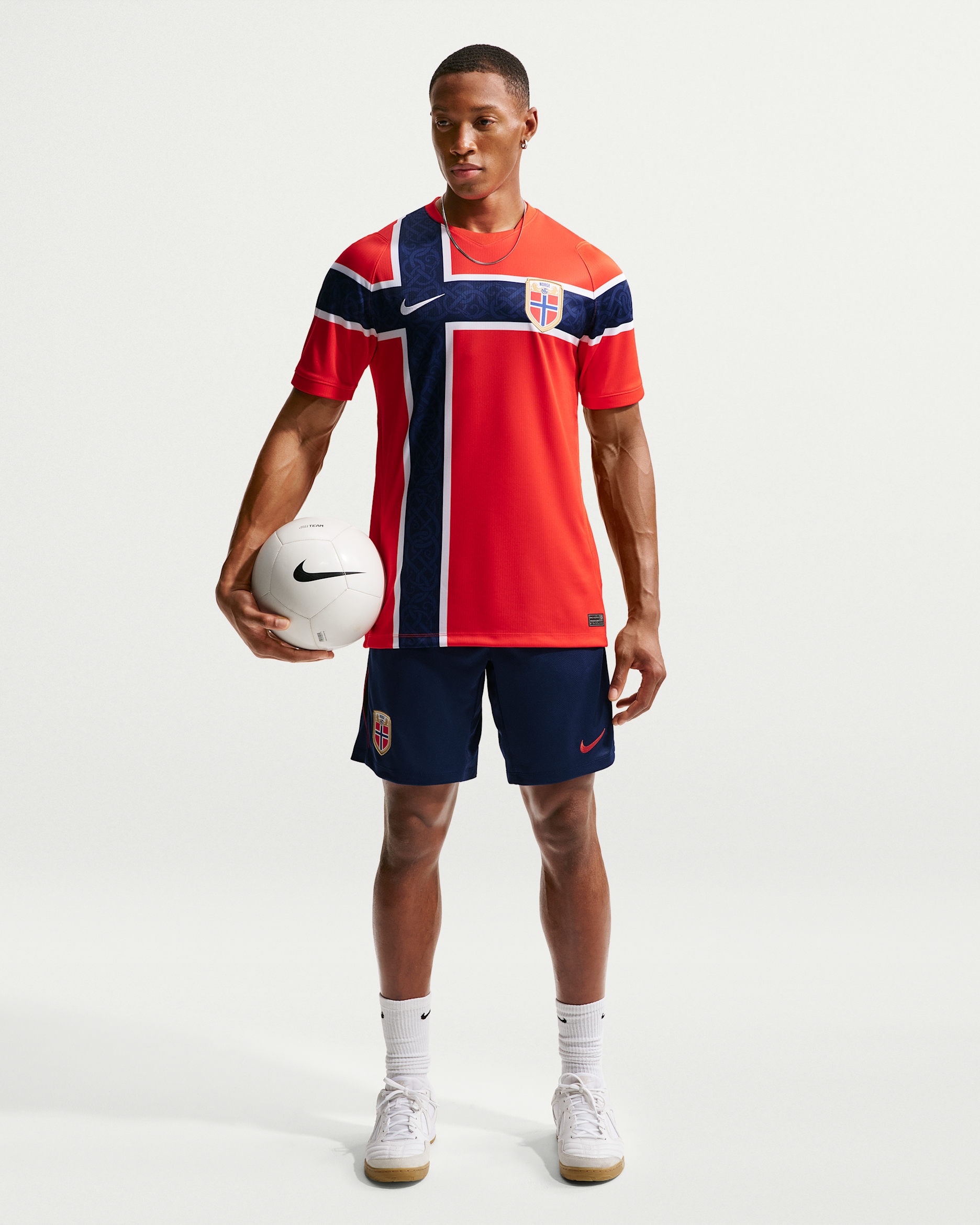 Norge Strike Nike Dri-FIT strikket fotballshorts til herre - Blue Void/Svart/Chile Red