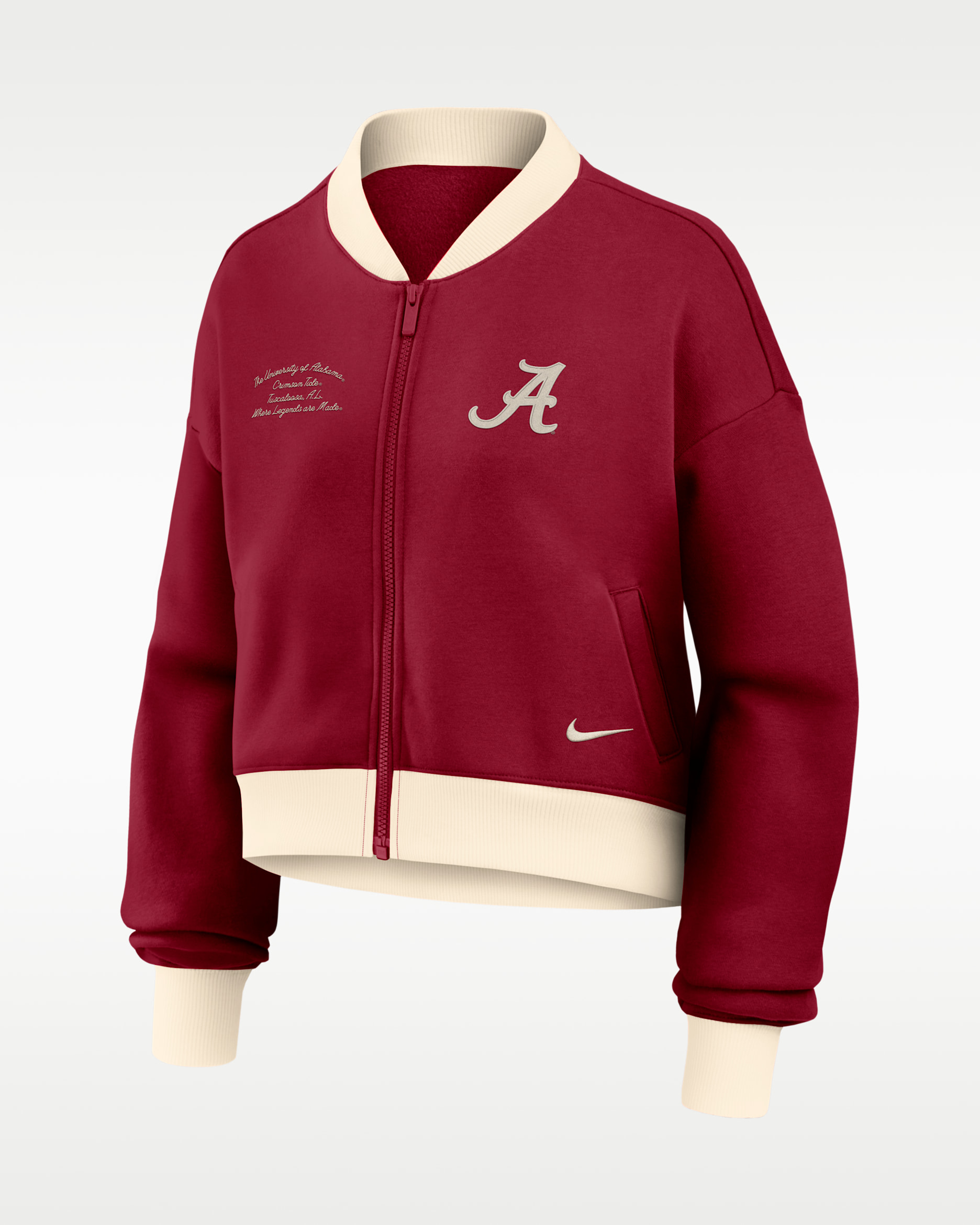 Alabama Academic Women's Nike College Oversized Cropped Full-Zip Bomber Jacket - Crimson/Natural