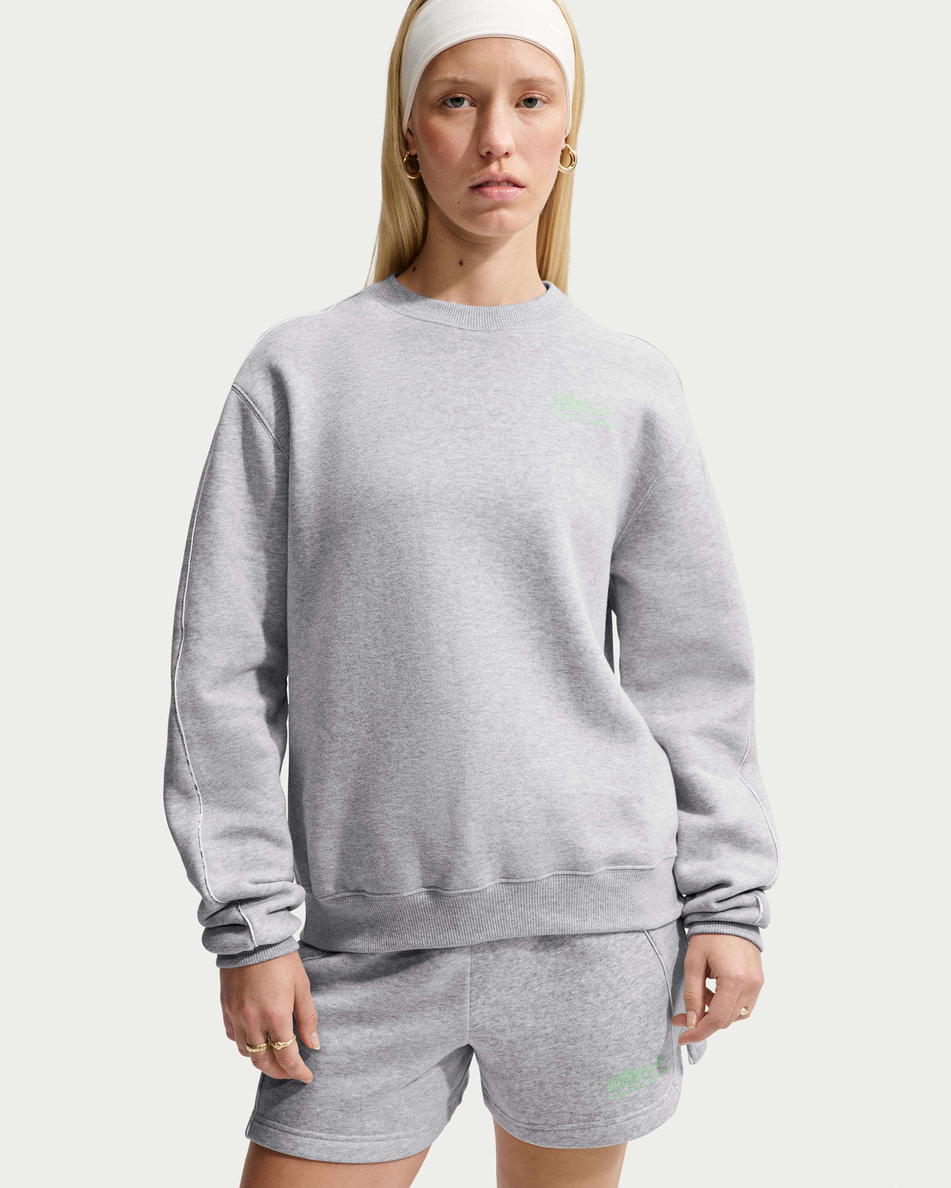 Nike Studio Fleece Medium Weight Women's "Nike Athletic Department" Crew - Grey Heather/Illusion Green