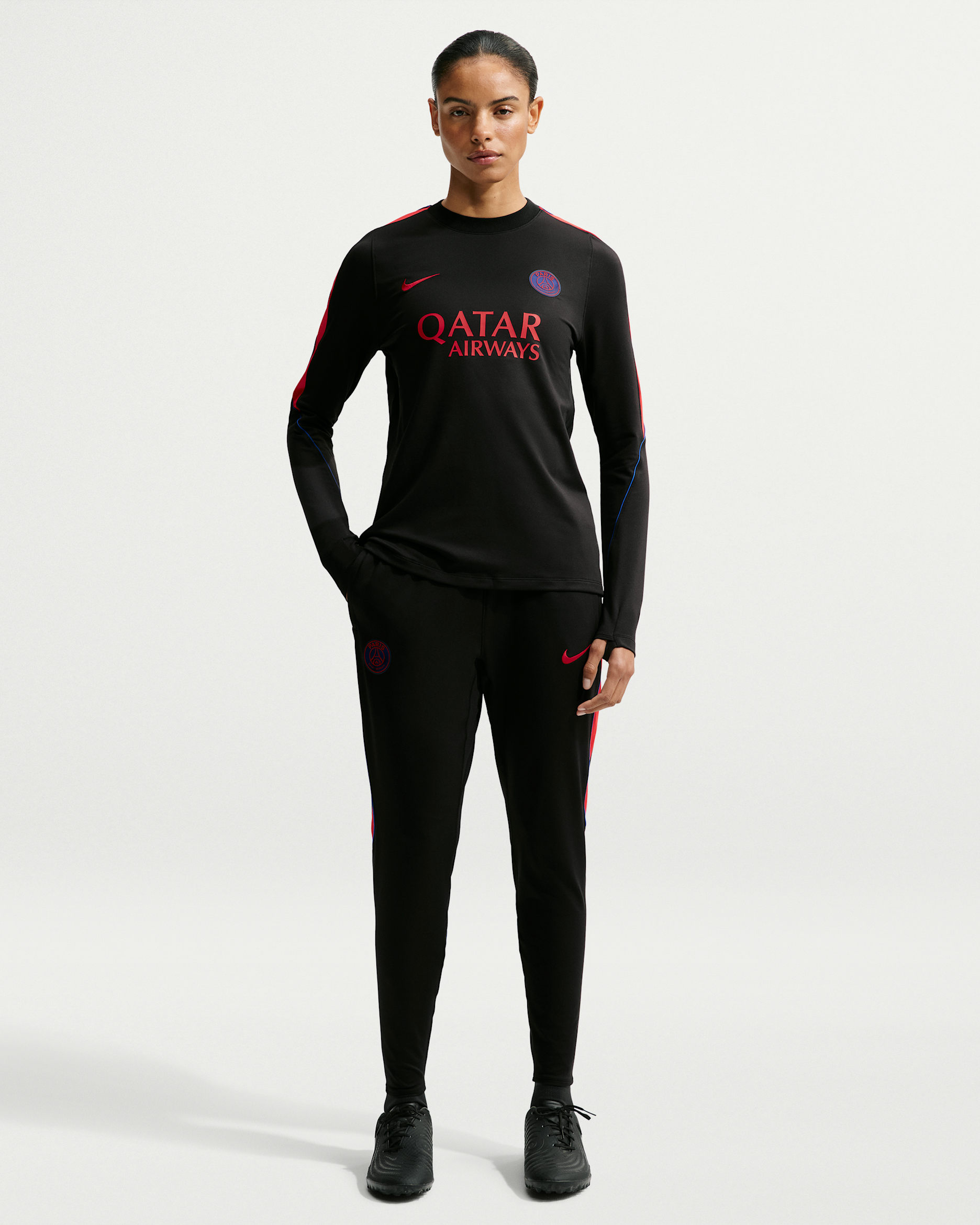 Calças de futebol de malha Nike Dri-FIT Strike Paris Saint-Germain para mulher - Preto/Vermelho Global/Vermelho Global