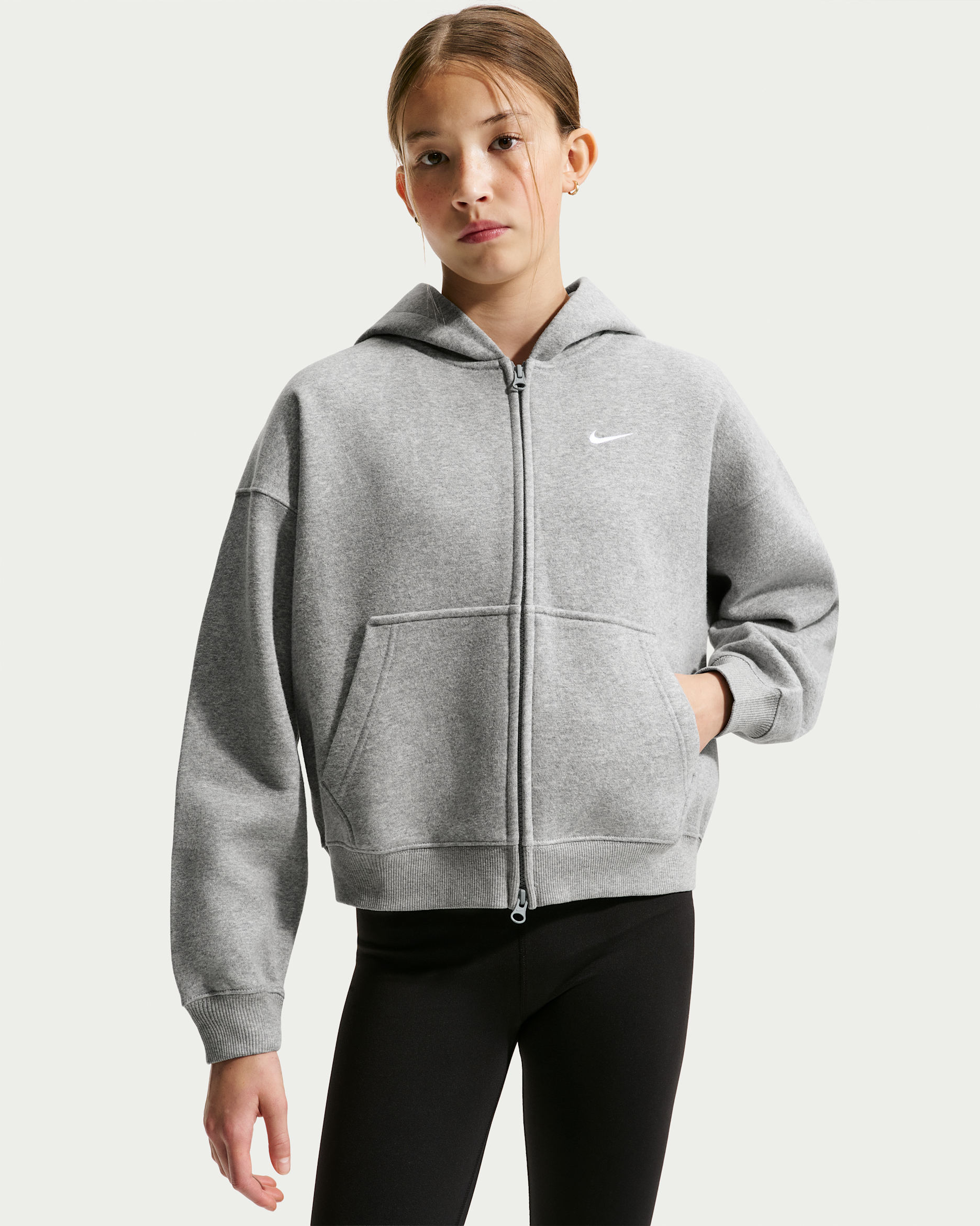 Nike Sportswear Studio Fleece Big Kids' (Girls') Oversized Full-Zip Hoodie - Dark Grey Heather/Particle Grey/White