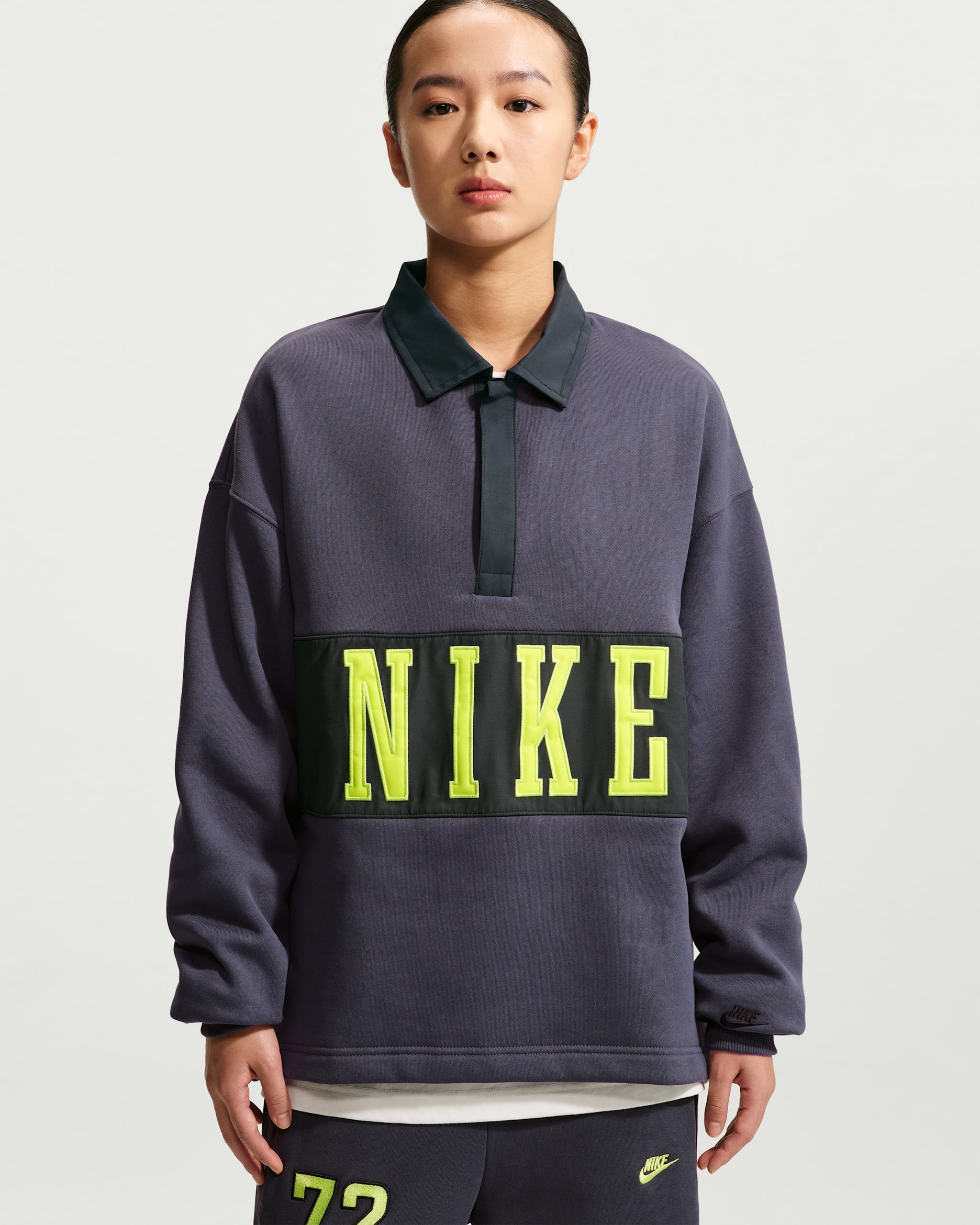 Nike Studio Fleece Medium Weight Women's Oversized Rugby Top - Gridiron/Black/Lemon Venom