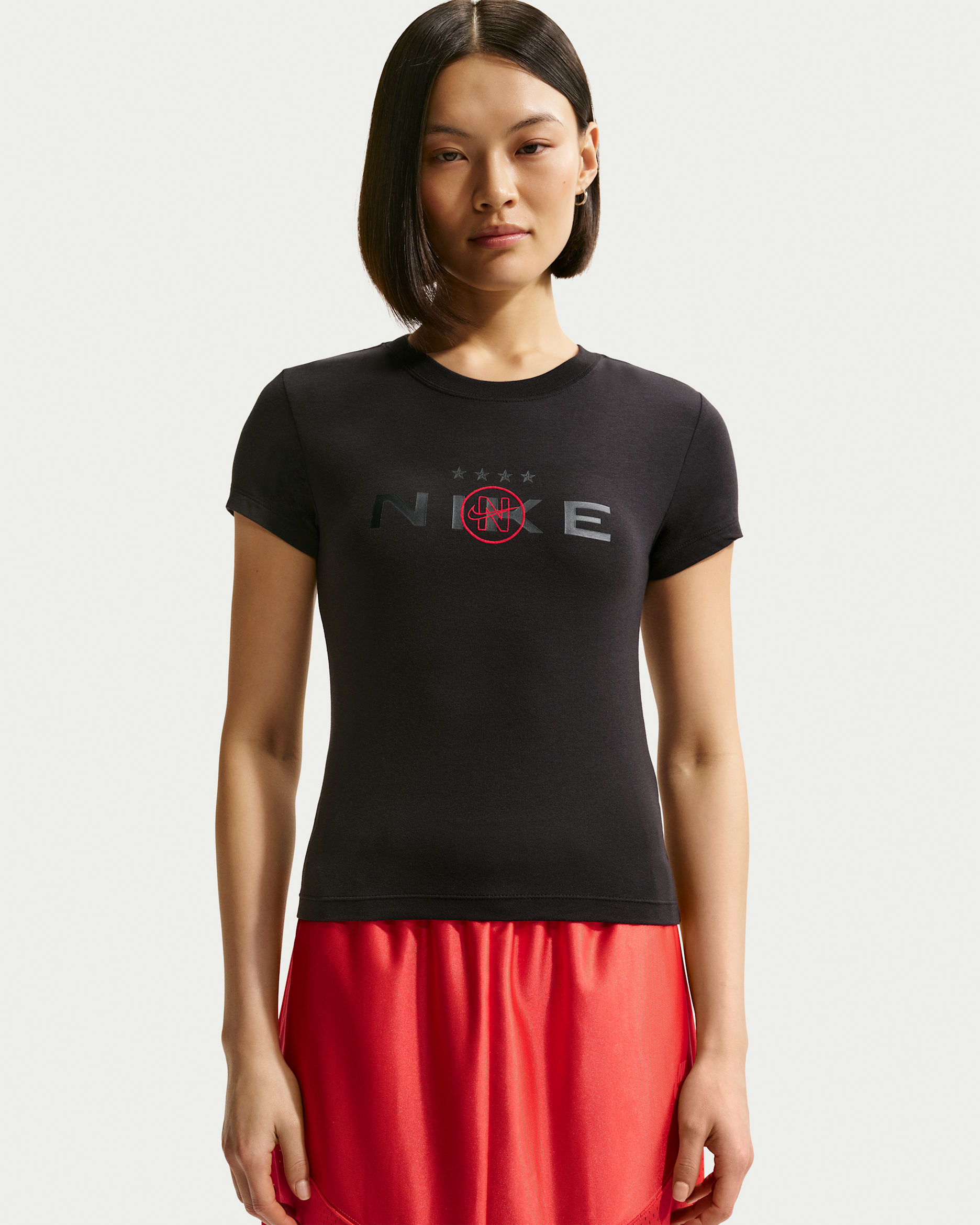 나이키 스포츠웨어 칠 니트 여성 모드 크롭 티셔츠 - 블랙/라이트 크림슨
