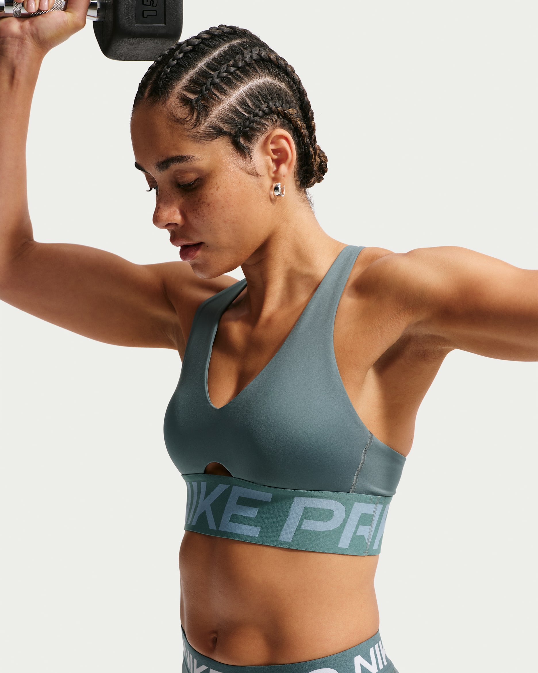 Brassière de sport rembourrée à maintien normal Nike Pro Sculpt pour femme - Mineral Slate/Denim Turquoise/Blanc