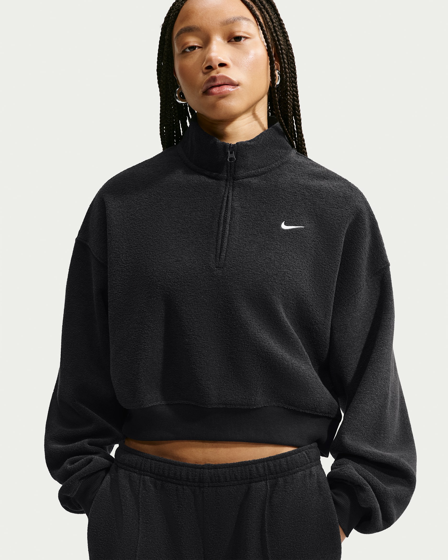 Nike Studio Fleece Medium Weight Plush Women's Oversized 1/4-Zip Cropped Top - Black/Sail