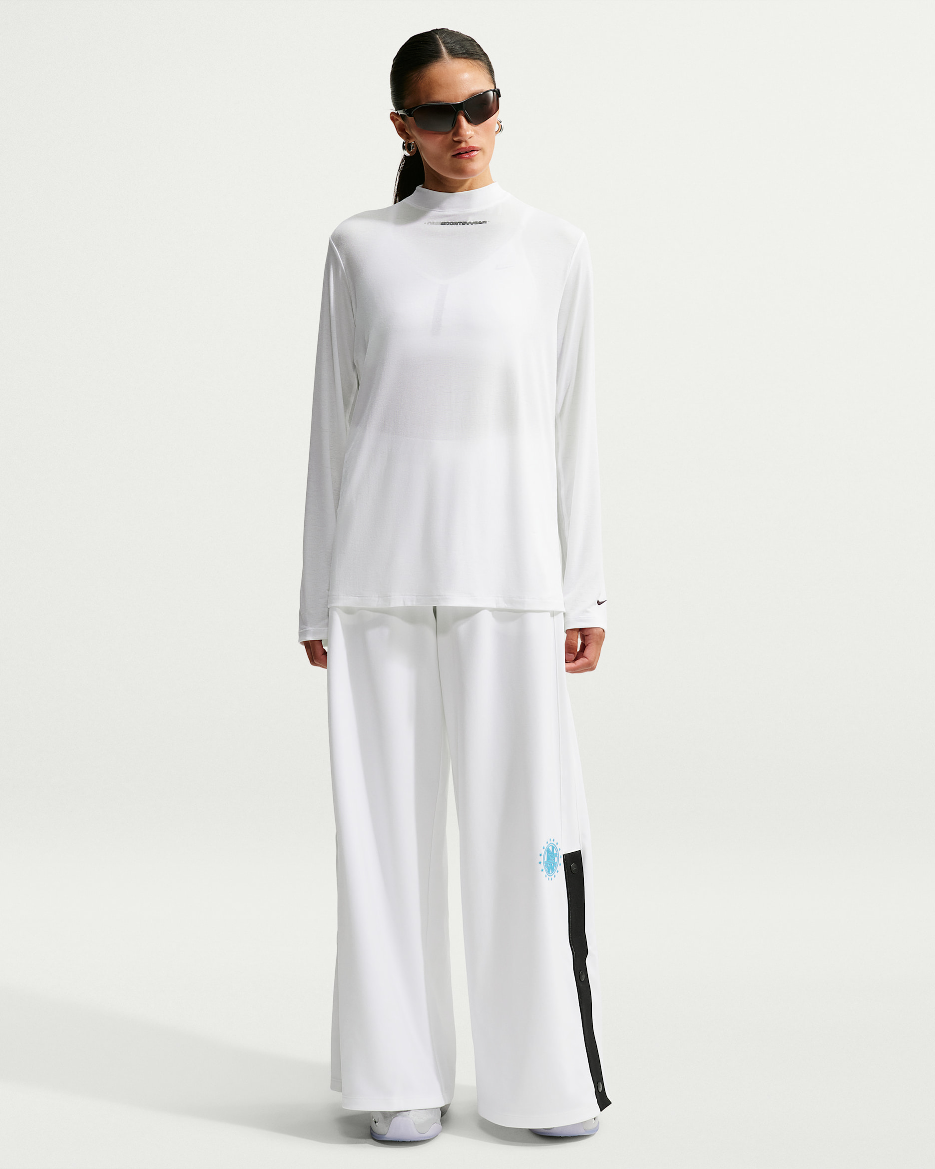 Pants de tejido Knit de poliéster de tiro medio y pierna ancha holgados para mujer Nike Sportswear - Blanco/Negro/Azul báltico/Negro