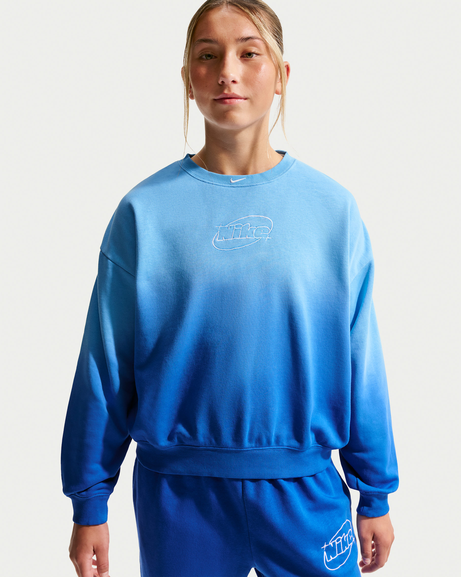 Nike Studio Fleece Lightweight Big Kids' (Girls') Oversized Graphic Crew - Football Blue/Game Royal/White
