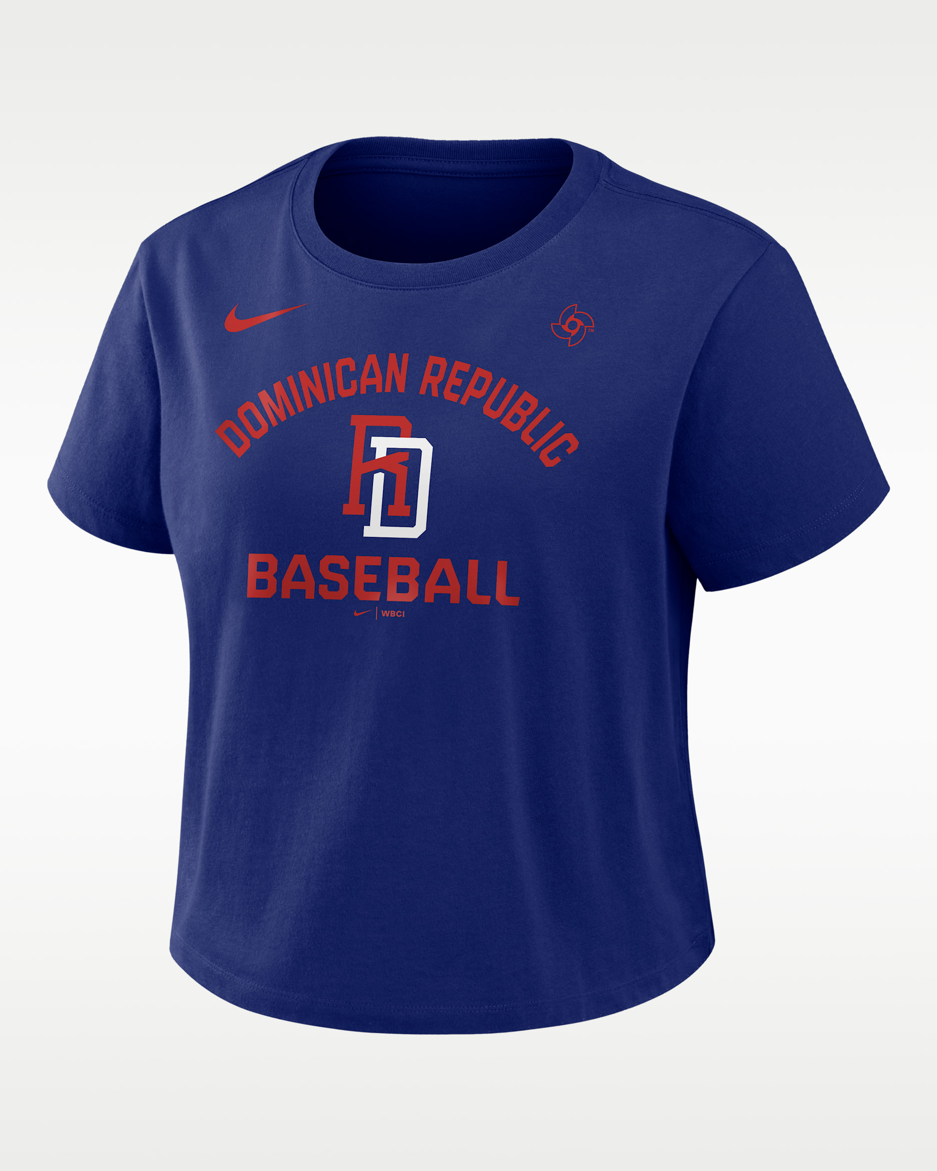 Playera Nike cropped para mujer Dominican Republic National Baseball Team 2026 World Baseball Classic Mod - Royal intenso